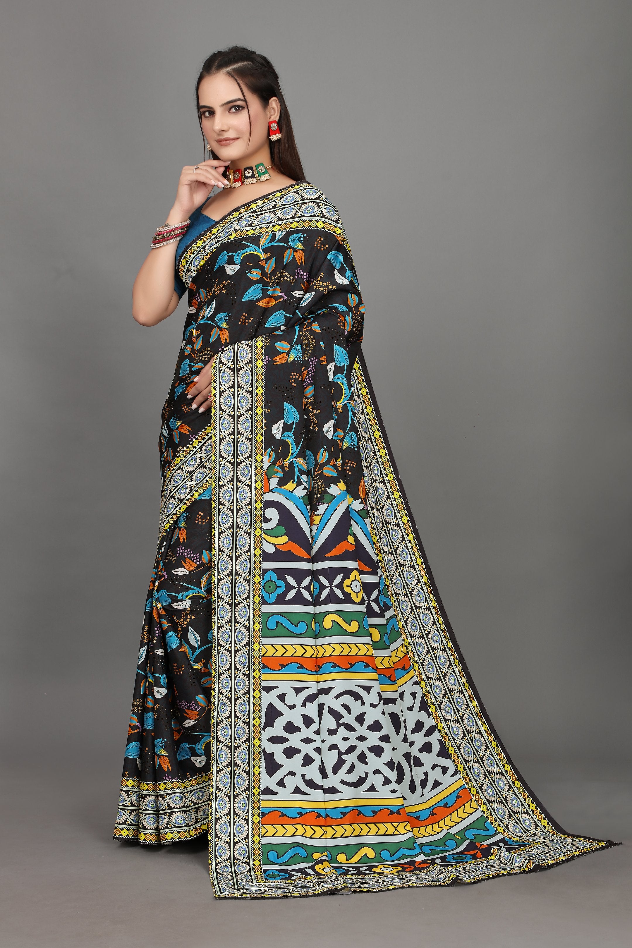 Rangini — Bright Cultural Motif Dark Blue Saree