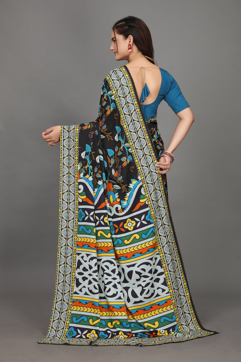 Rangini — Bright Cultural Motif Dark Blue Saree