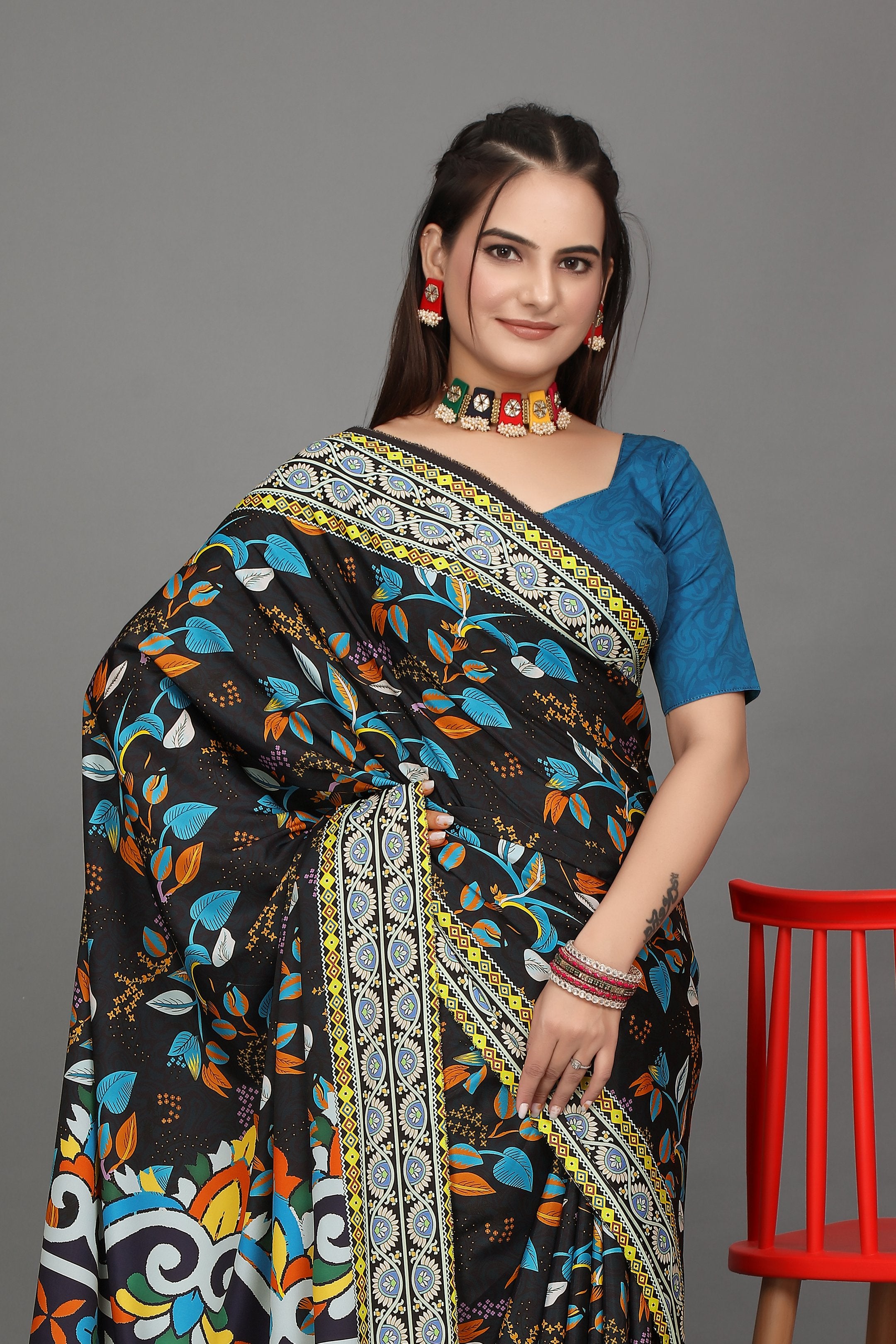 Rangini — Bright Cultural Motif Dark Blue Saree