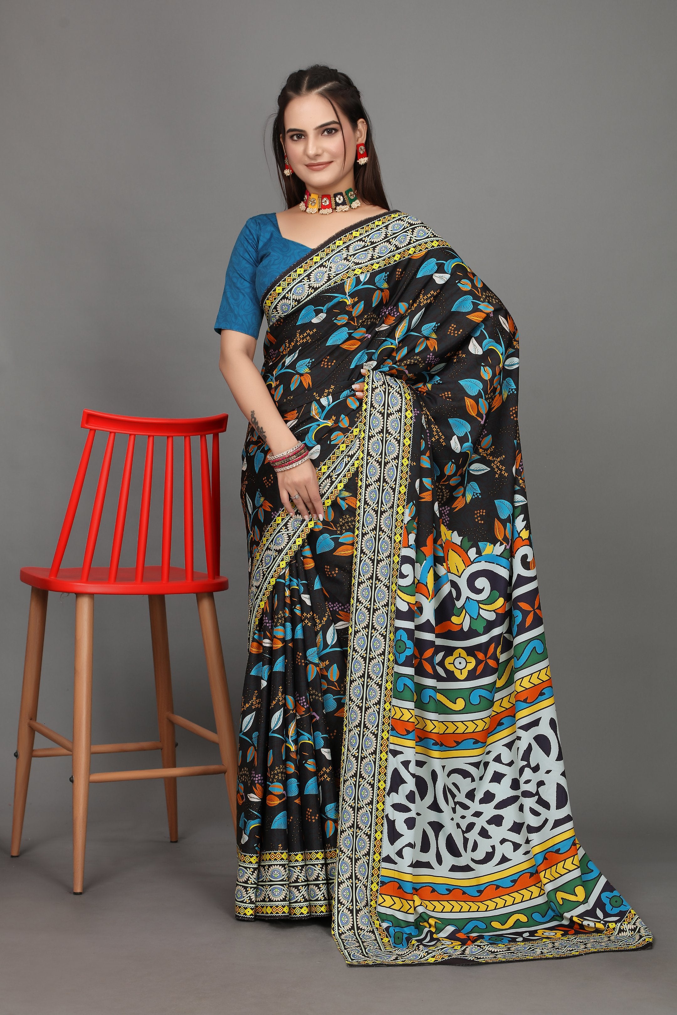 Rangini — Bright Cultural Motif Dark Blue Saree