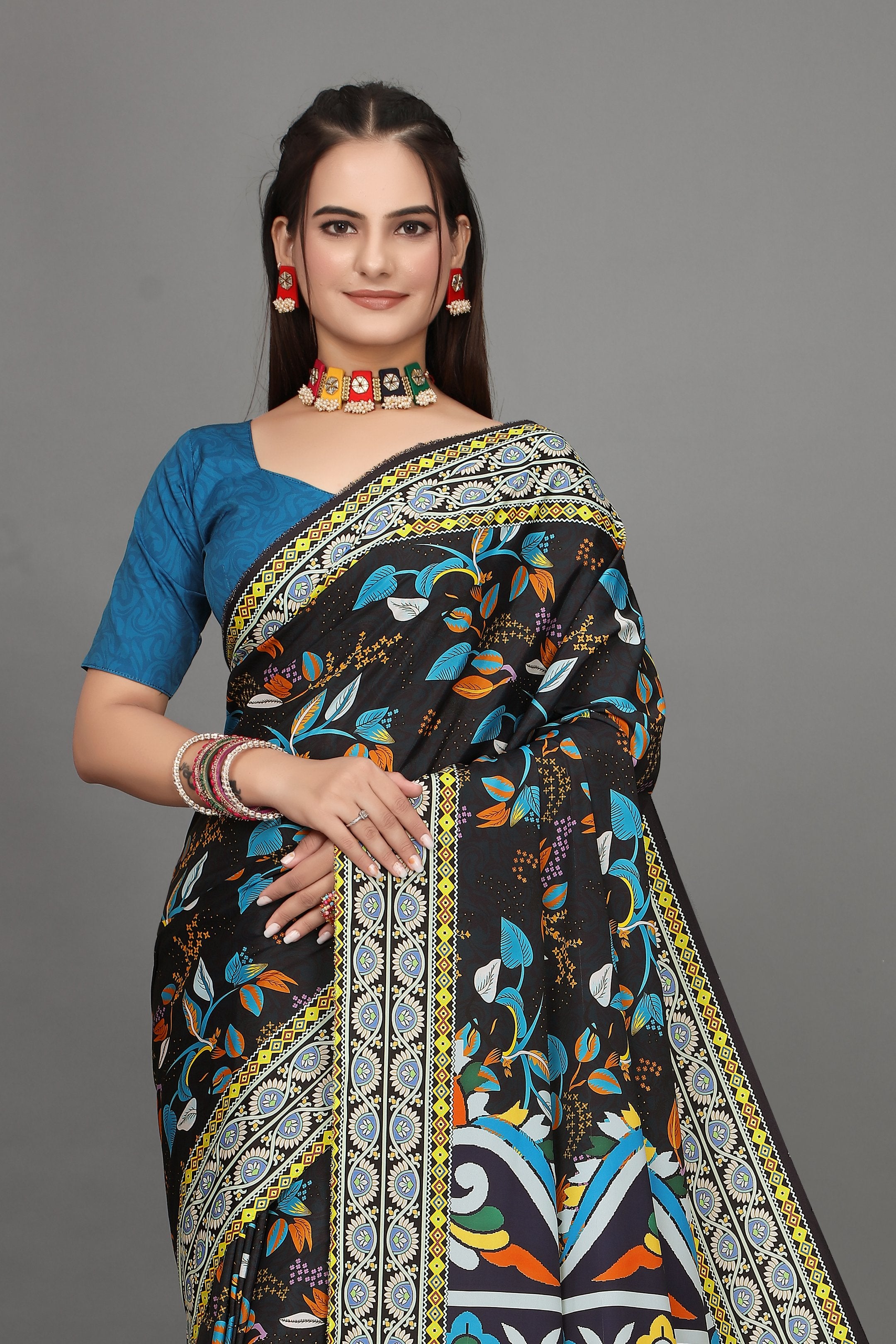 Rangini — Bright Cultural Motif Dark Blue Saree