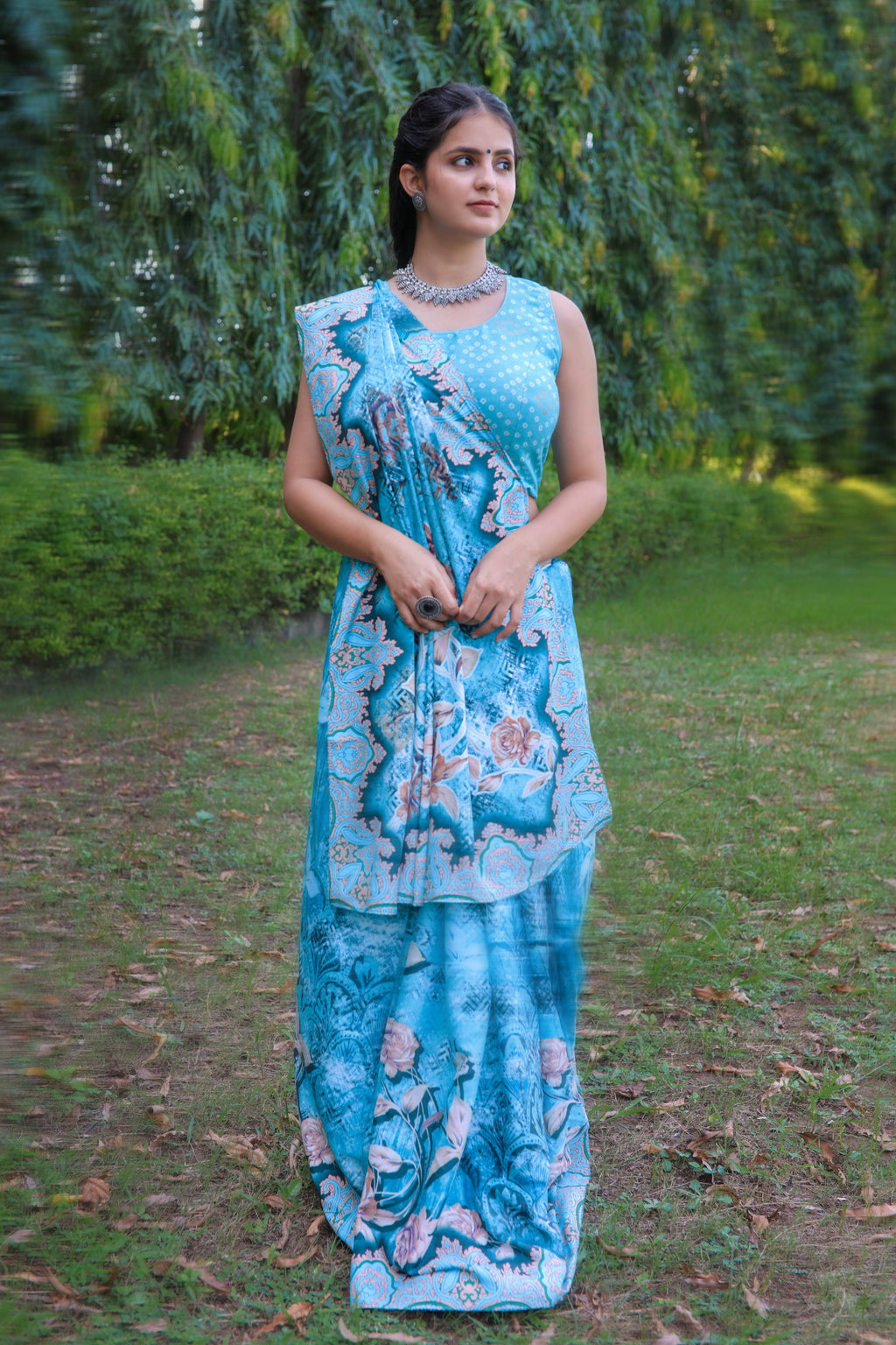 Varuni — Elegant Aqua Floral Silk Saree