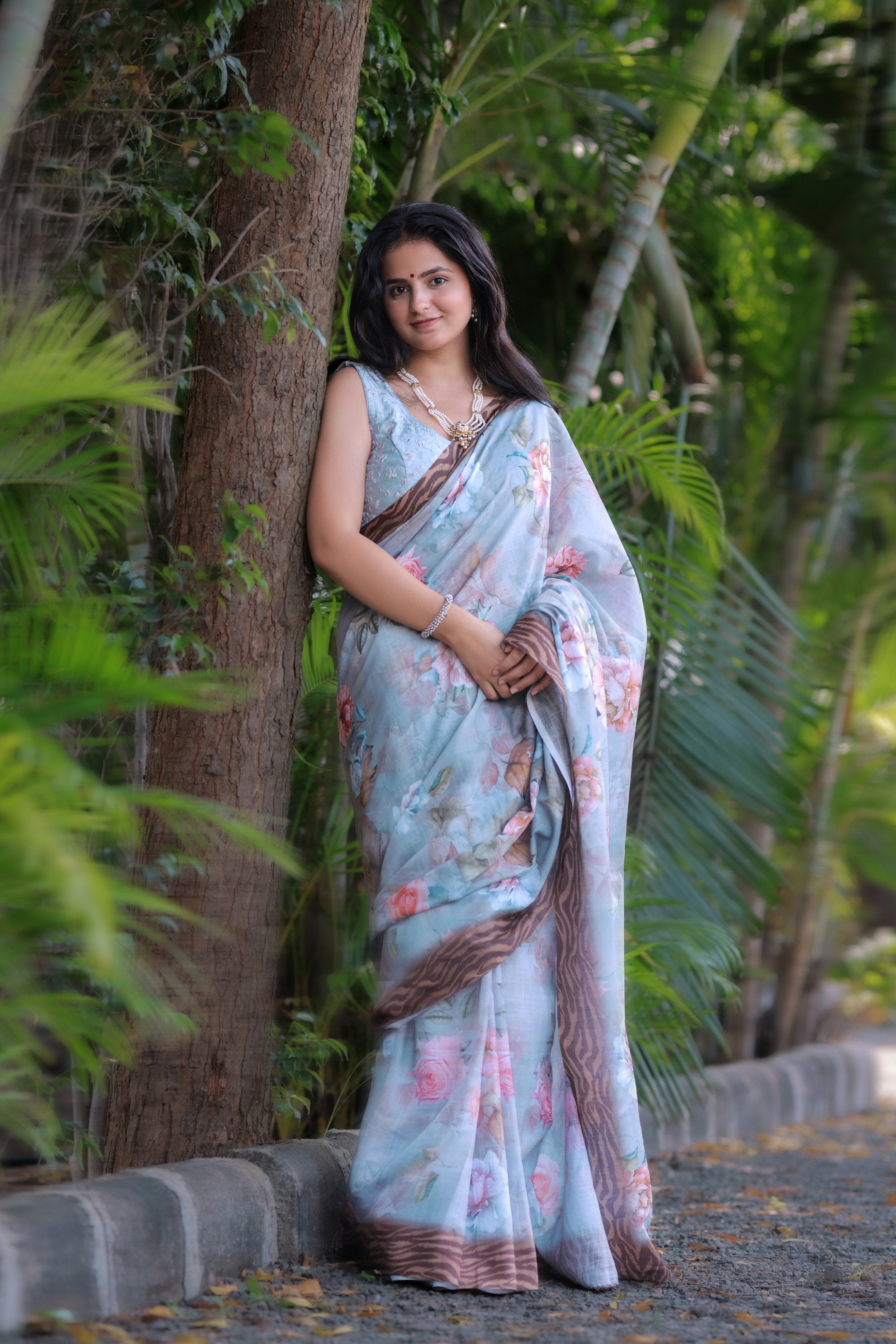 Suman — Pastel Floral Print Saree in Gray