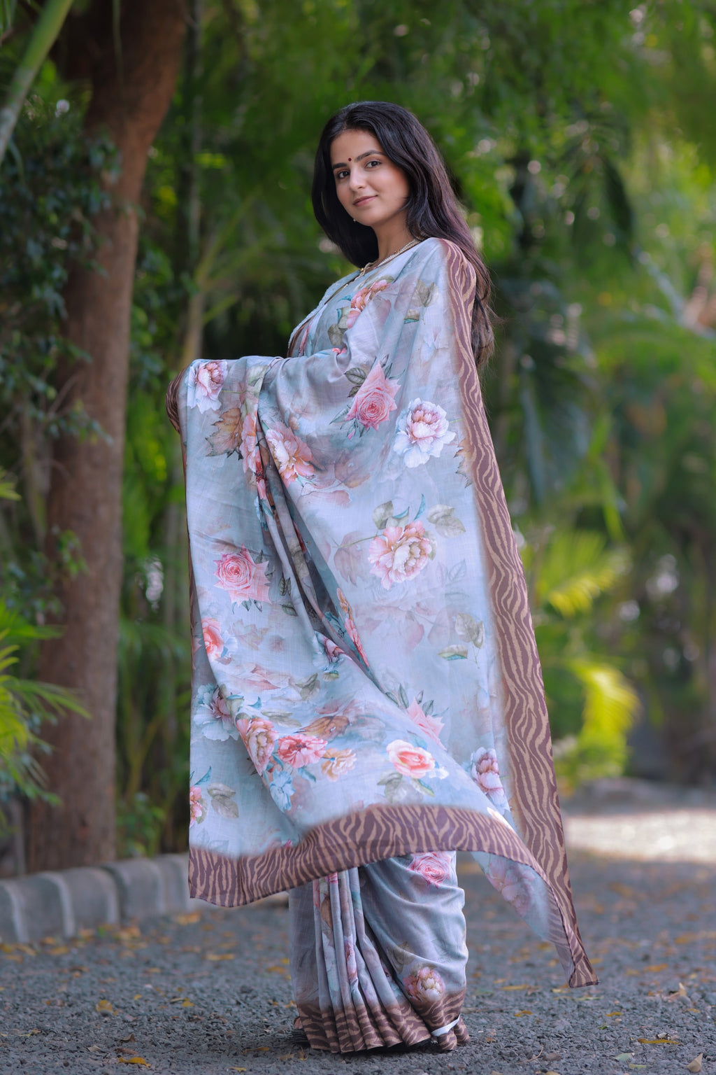 Suman — Pastel Floral Print Saree in Gray