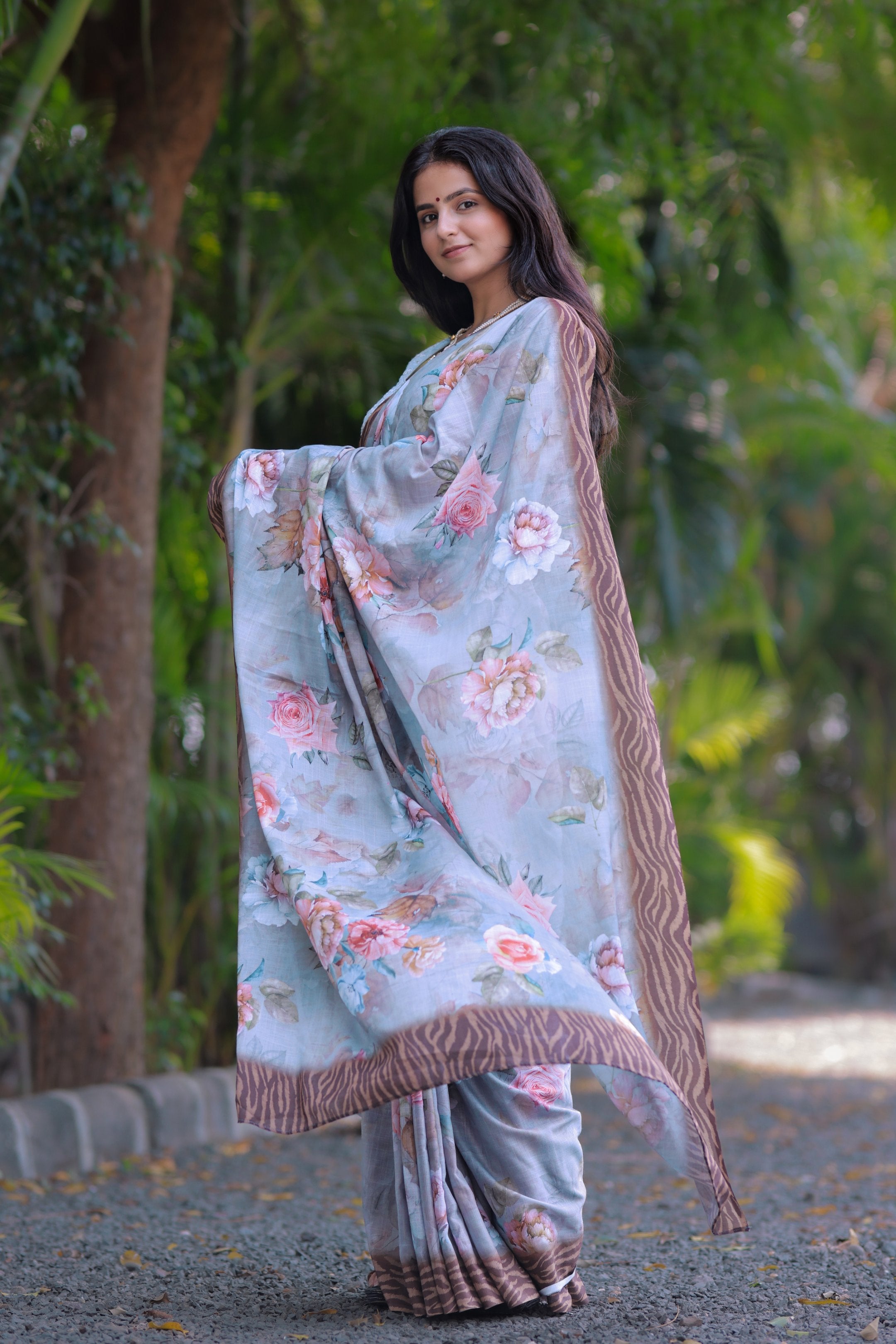 Suman — Pastel Floral Print Saree in Gray