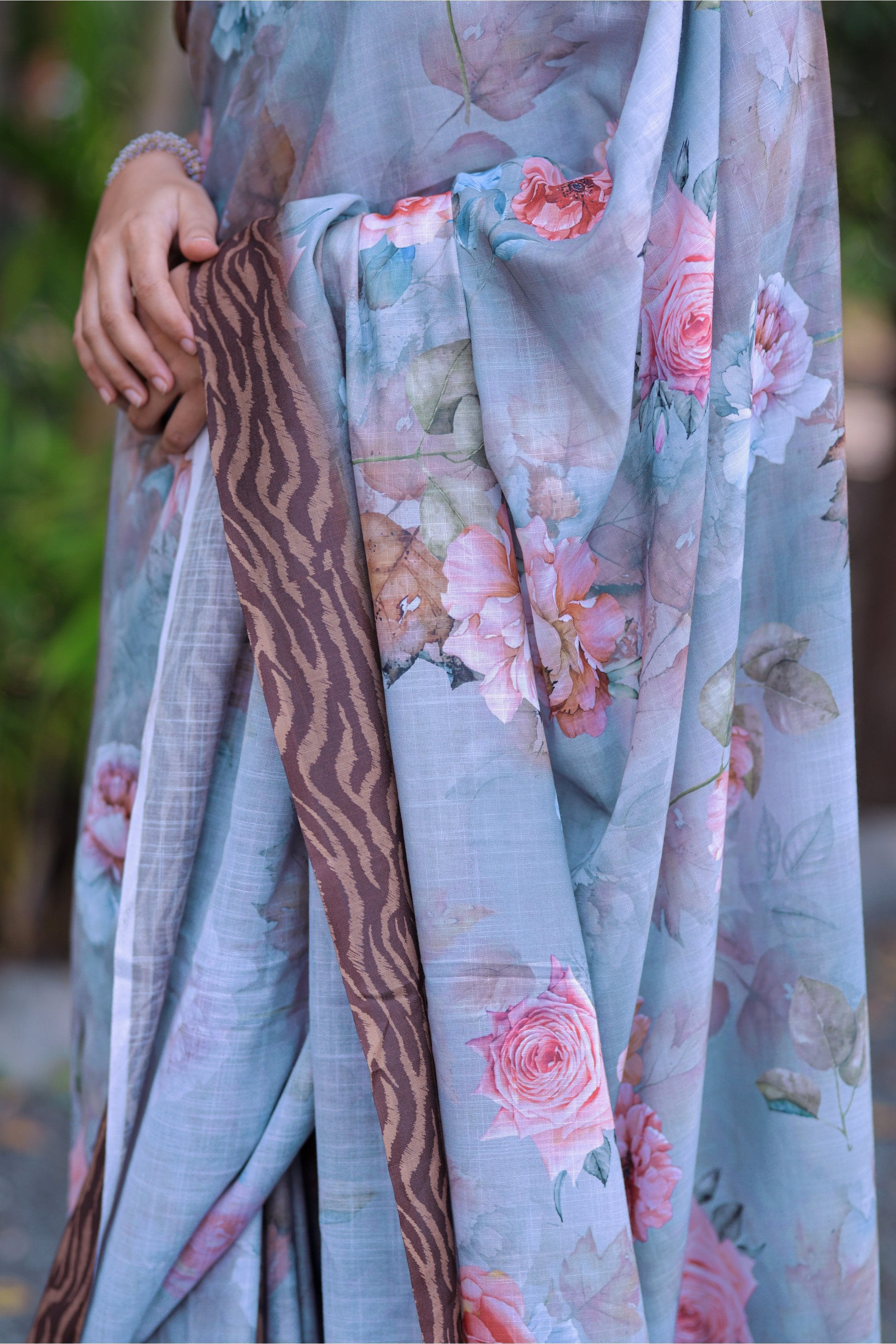 Suman — Pastel Floral Print Saree in Gray