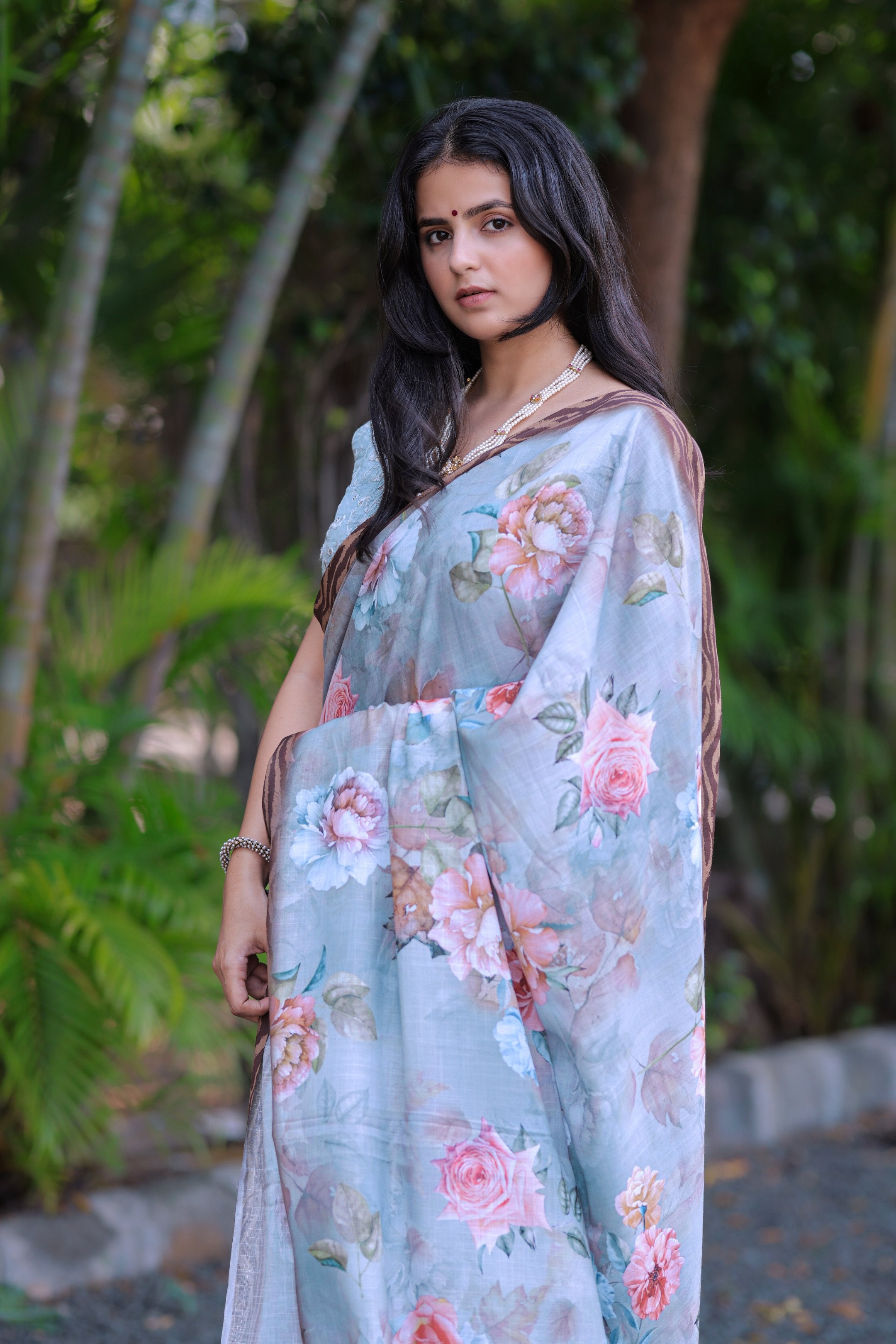 Suman — Pastel Floral Print Saree in Gray