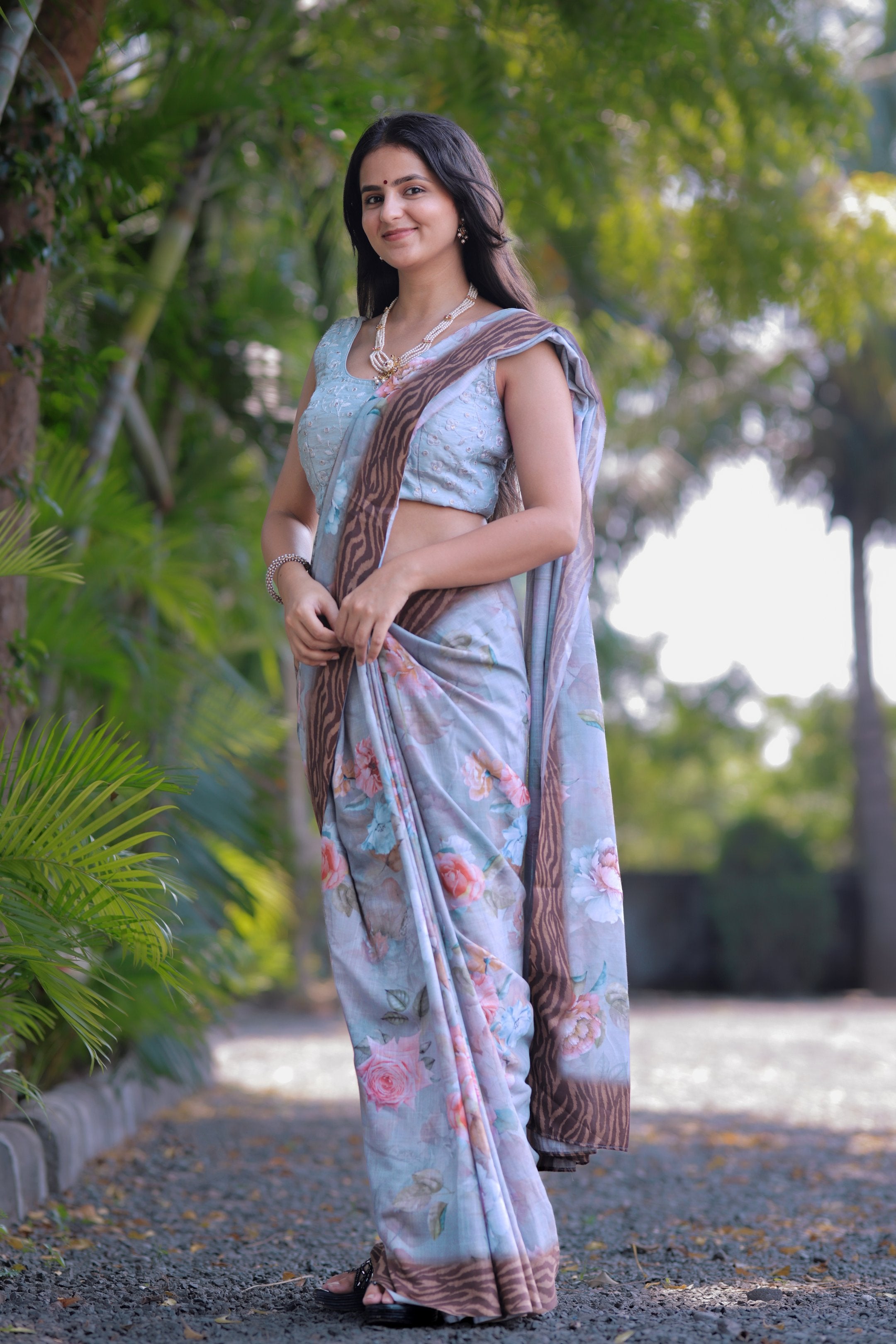 Suman — Pastel Floral Print Saree in Gray