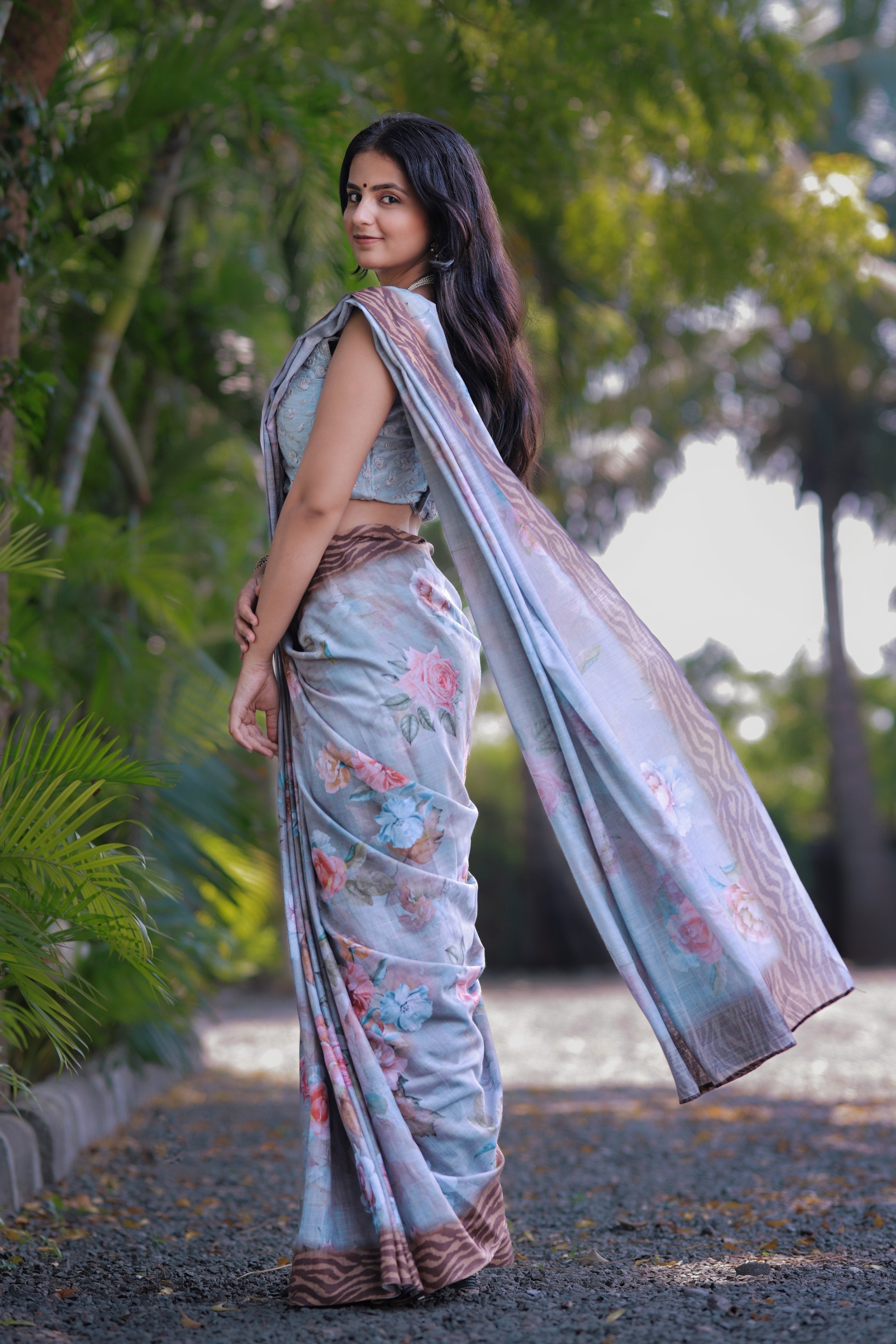 Suman — Pastel Floral Print Saree in Gray