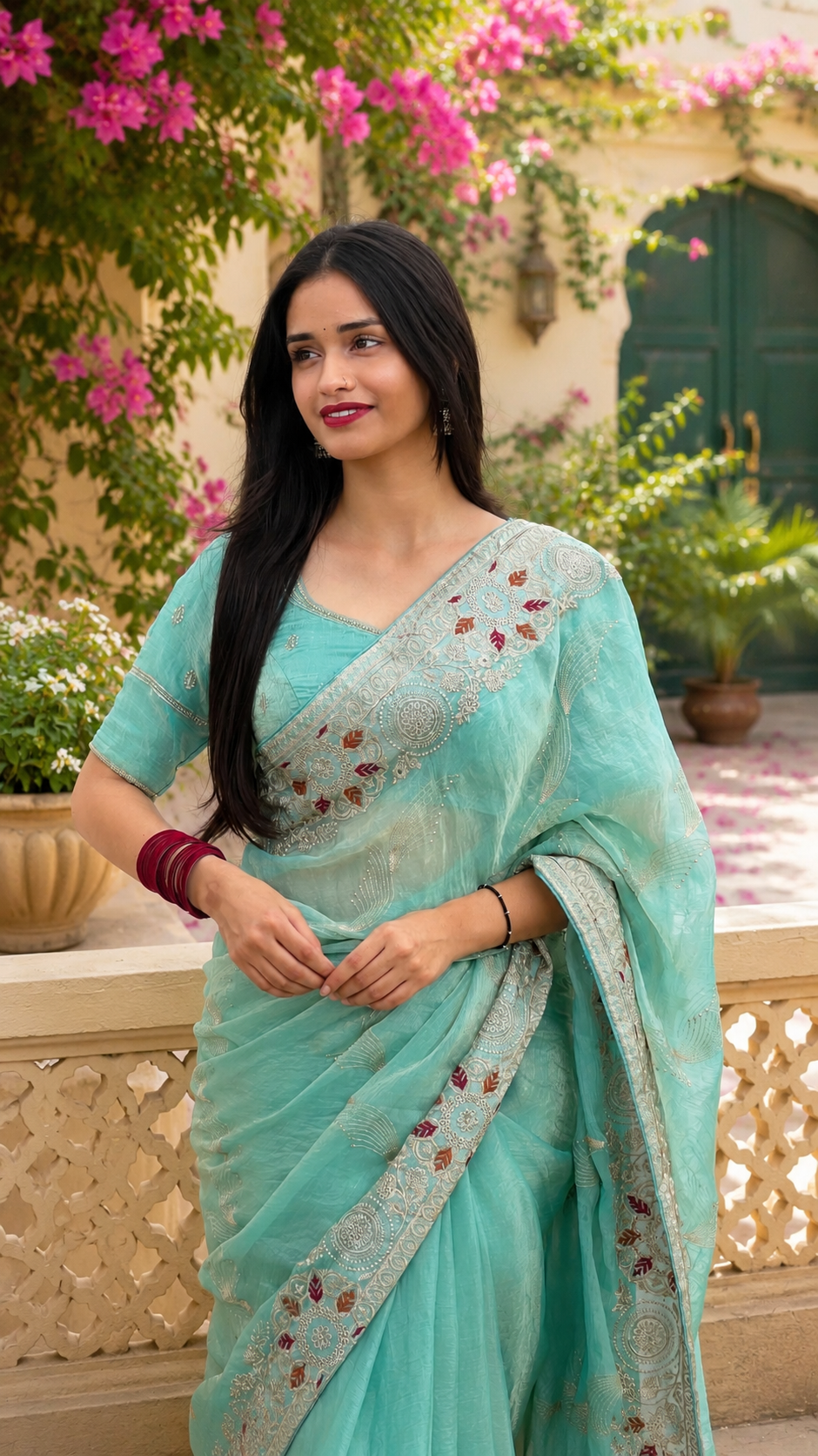 Varidhi — Aqua Chiffon Saree with Zari Floral Embroidery Saree