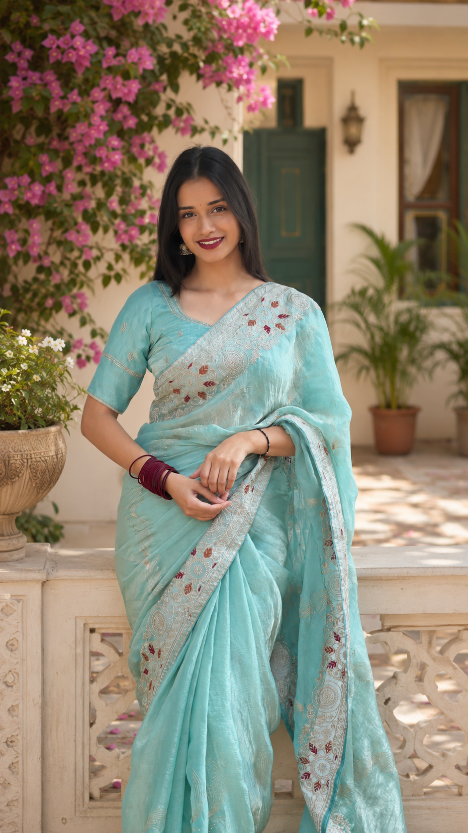 Varidhi — Aqua Chiffon Saree with Zari Floral Embroidery Saree