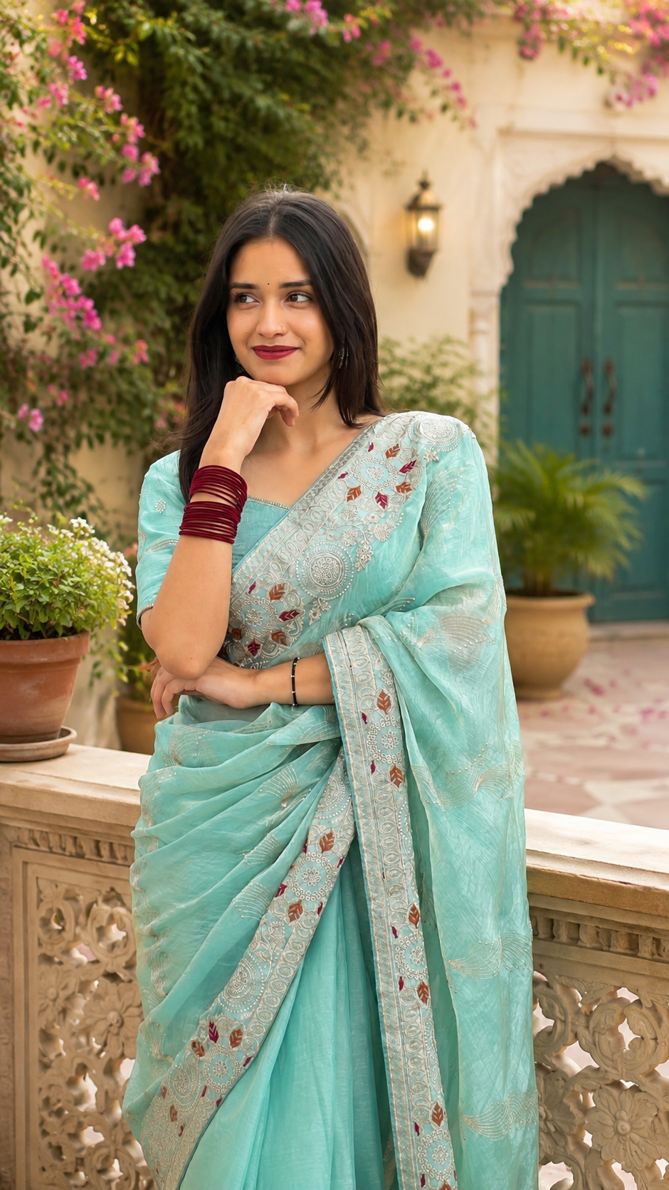 Varidhi — Aqua Chiffon Saree with Zari Floral Embroidery Saree
