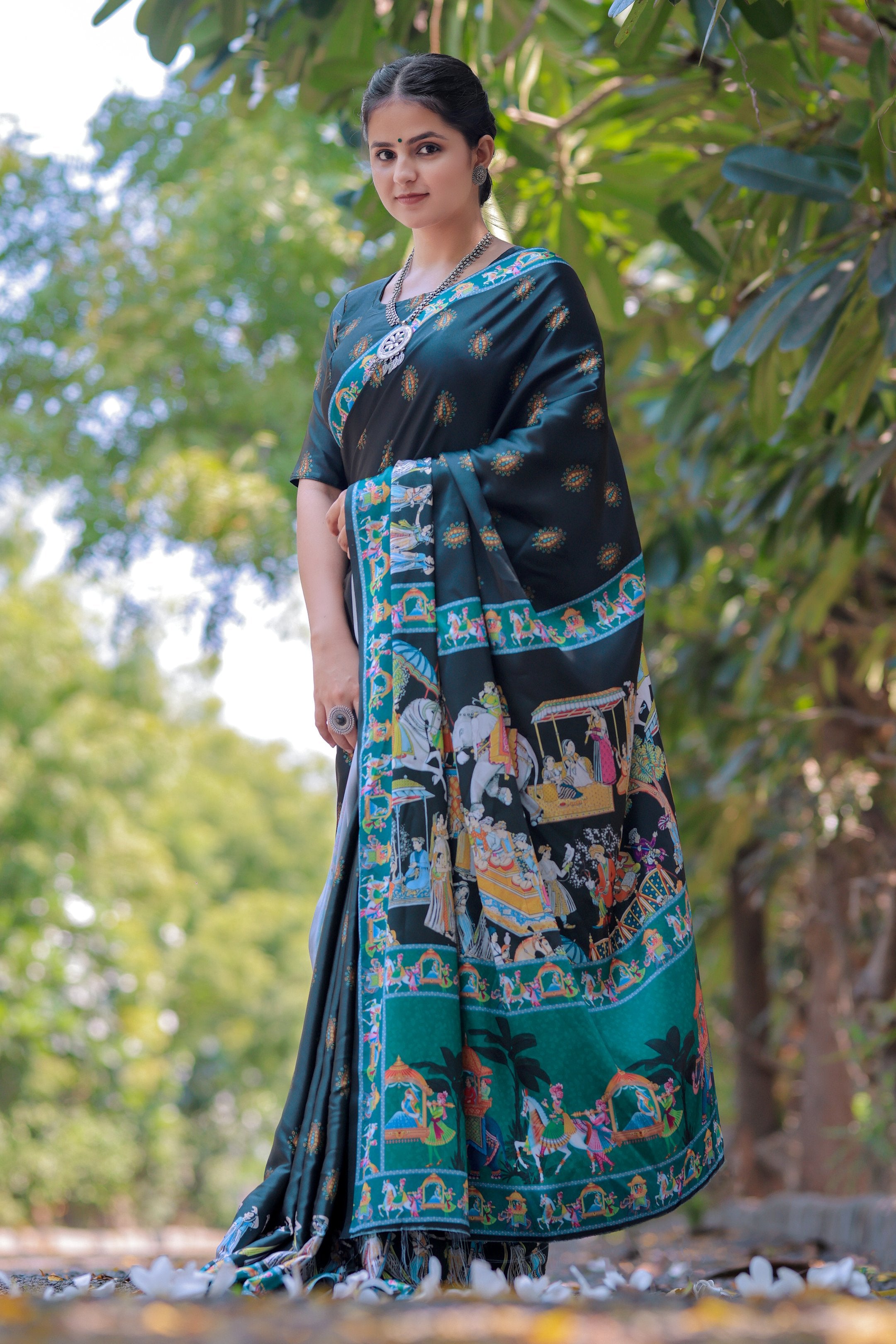 Shyama — Artistic Motif Dark Green Silk Saree