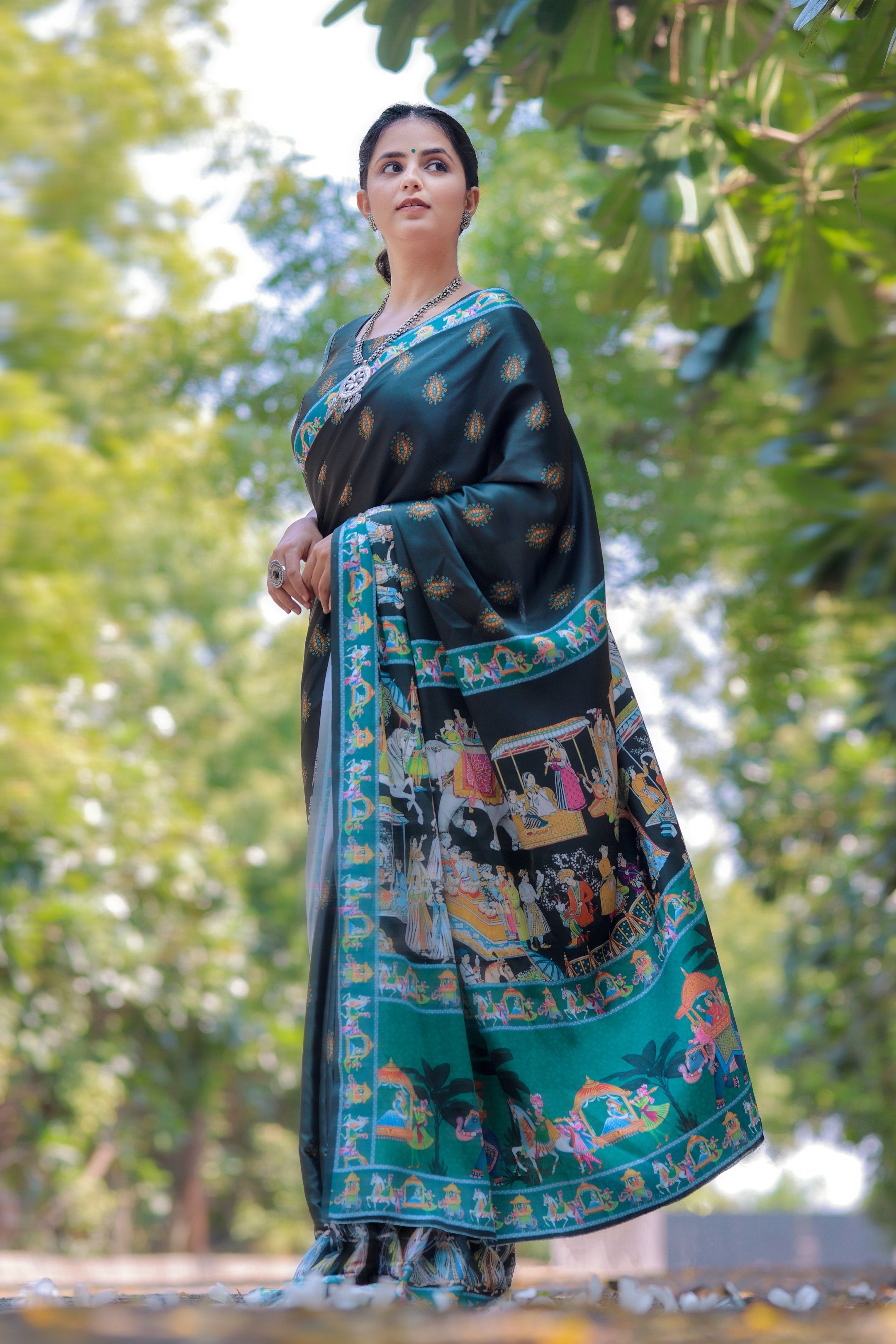 Shyama — Artistic Motif Dark Green Silk Saree