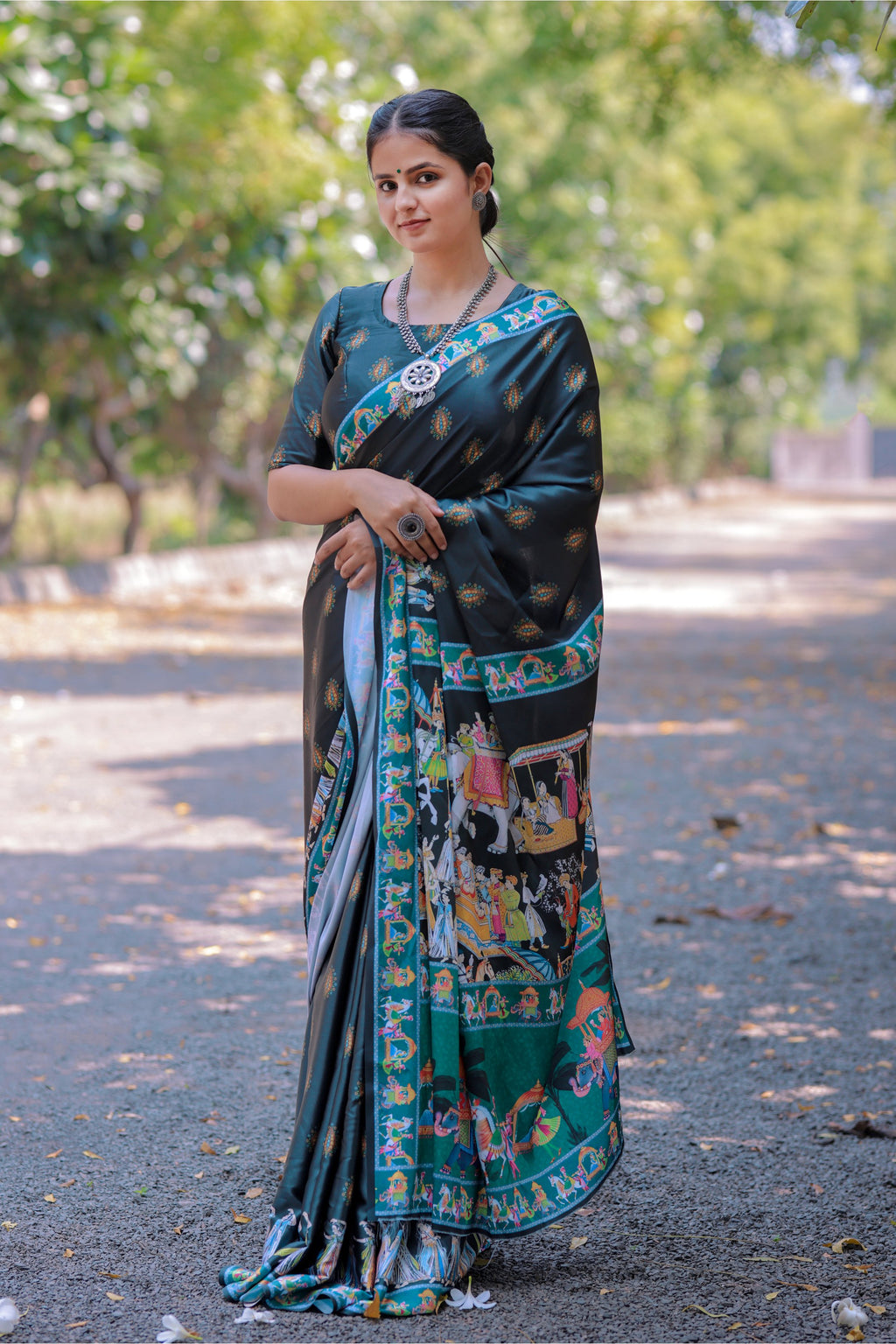 Shyama — Artistic Motif Dark Green Silk Saree