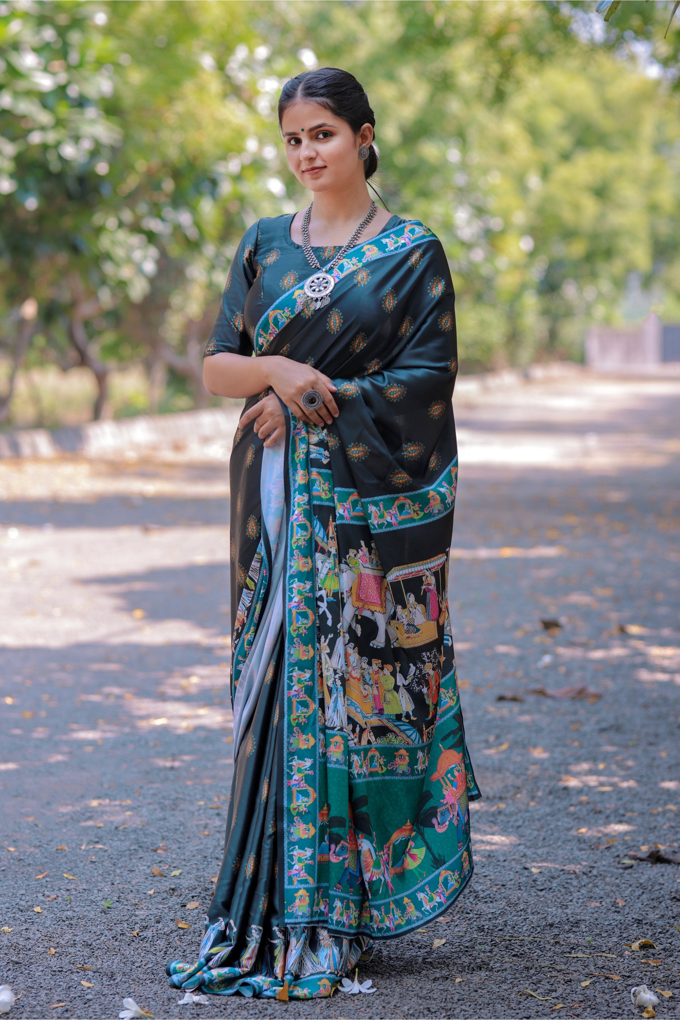 Shyama — Artistic Motif Dark Green Silk Saree