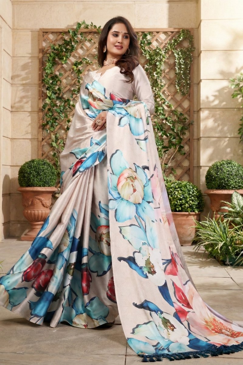 Lavanya — Cream Colourful Floral Silk Saree