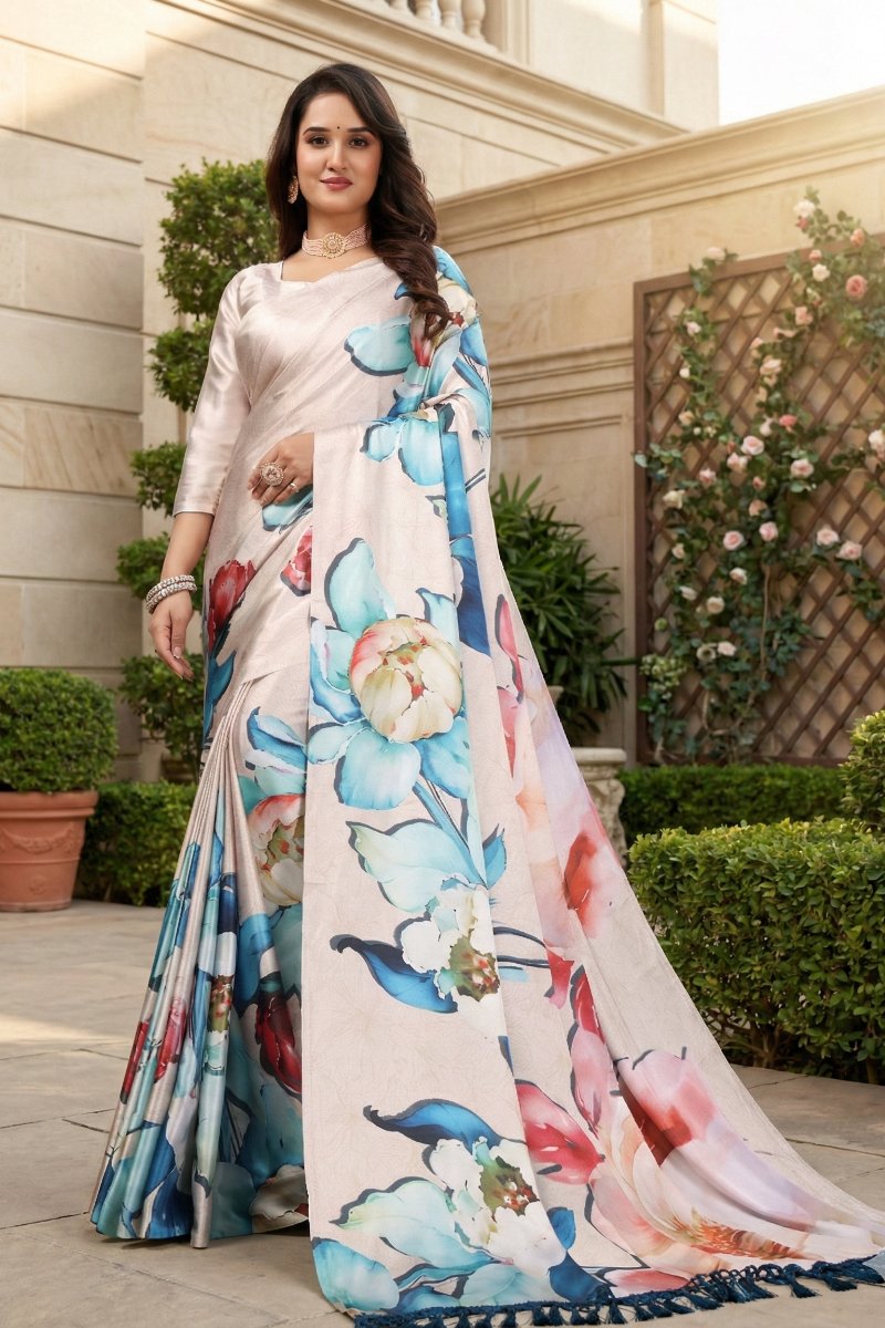 Lavanya — Cream Colourful Floral Silk Saree