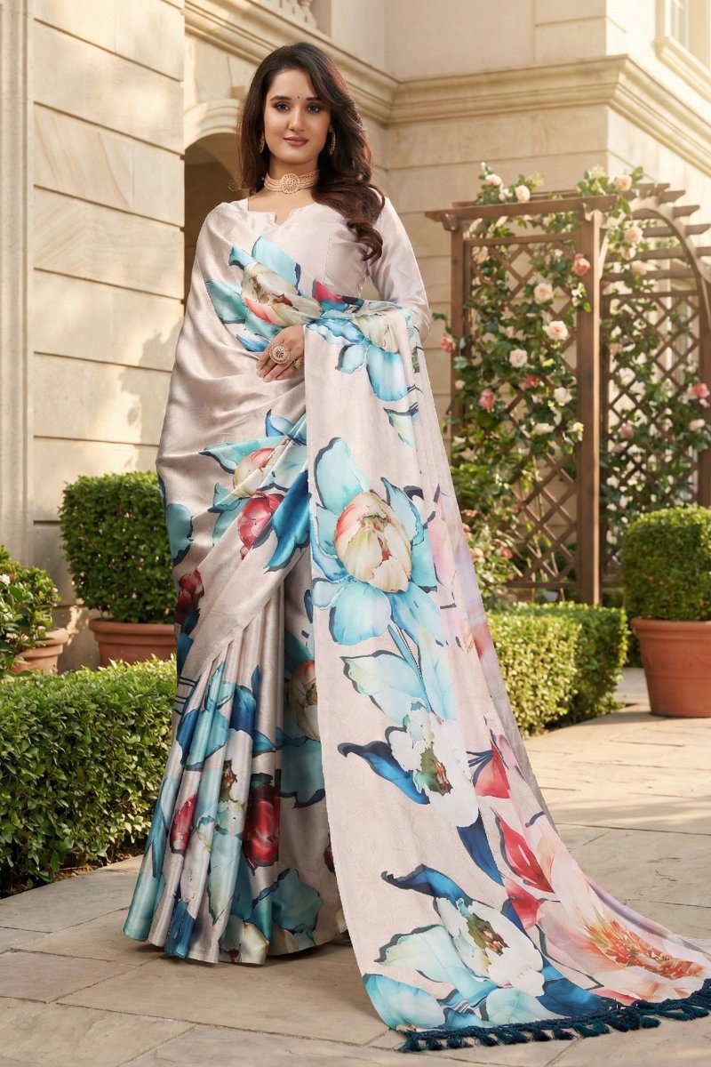 Lavanya — Cream Colourful Floral Silk Saree