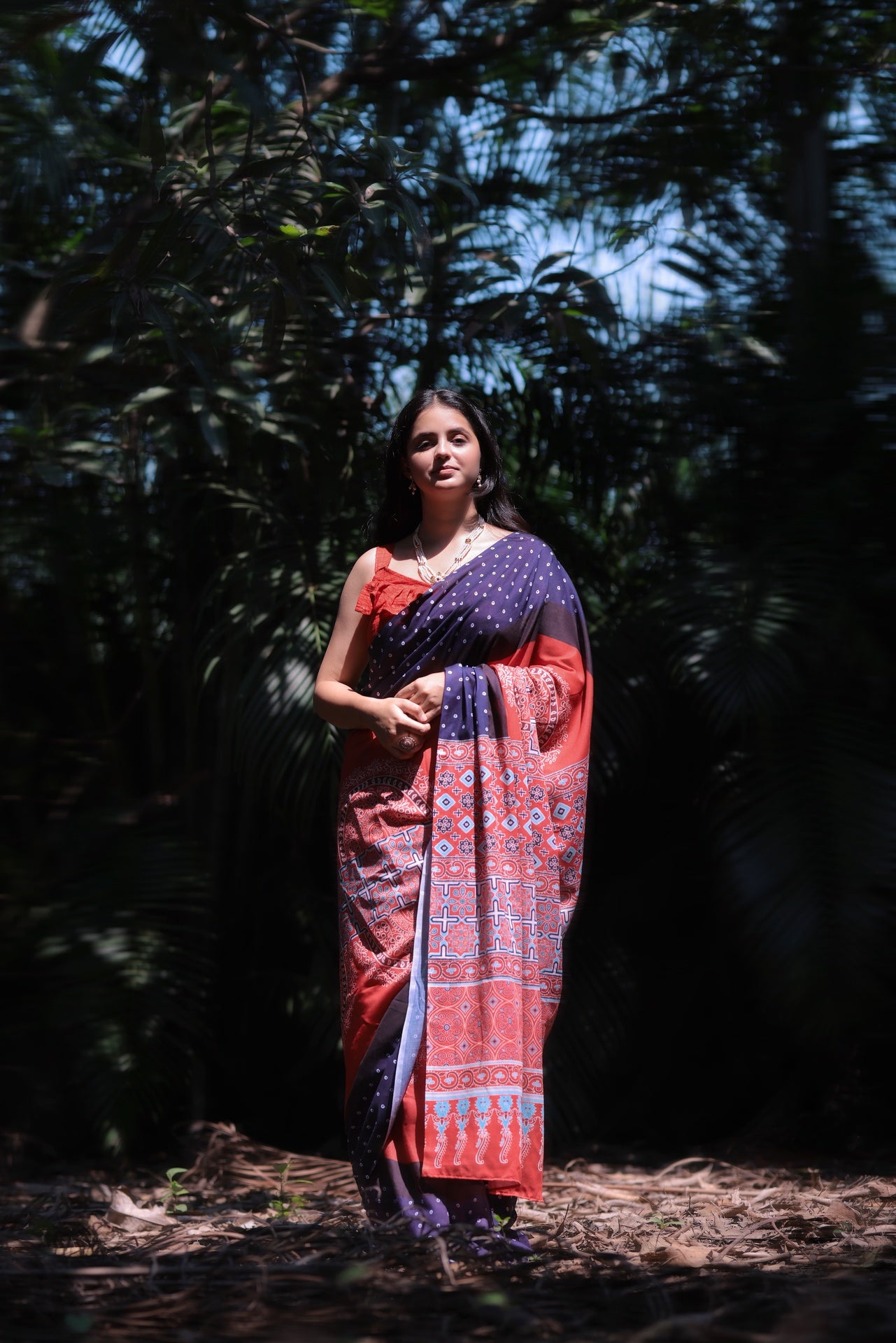 Traditional Red - Blue Ajrakh Type Digital Print Saree