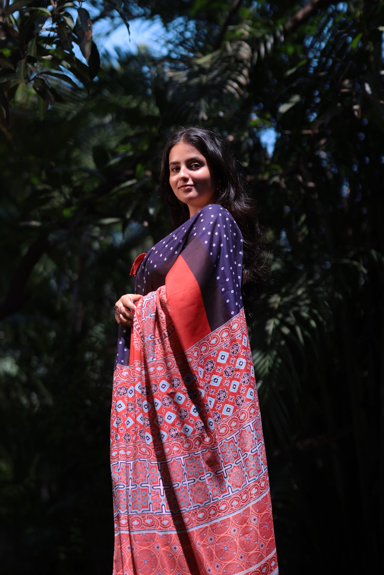 Traditional Red - Blue Ajrakh Type Digital Print Saree