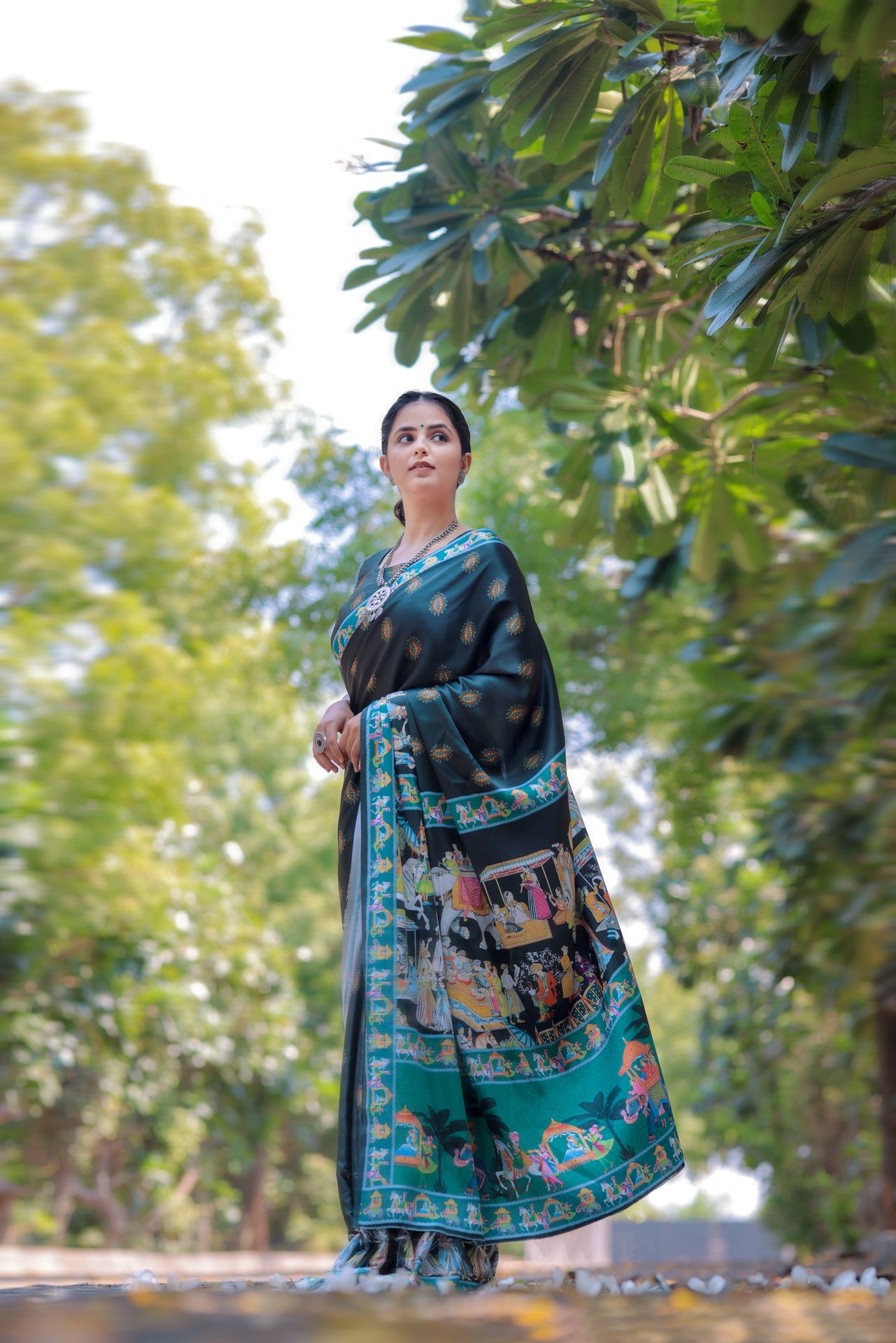 Forest Green Saree with Traditional Motif Border - Pativrata