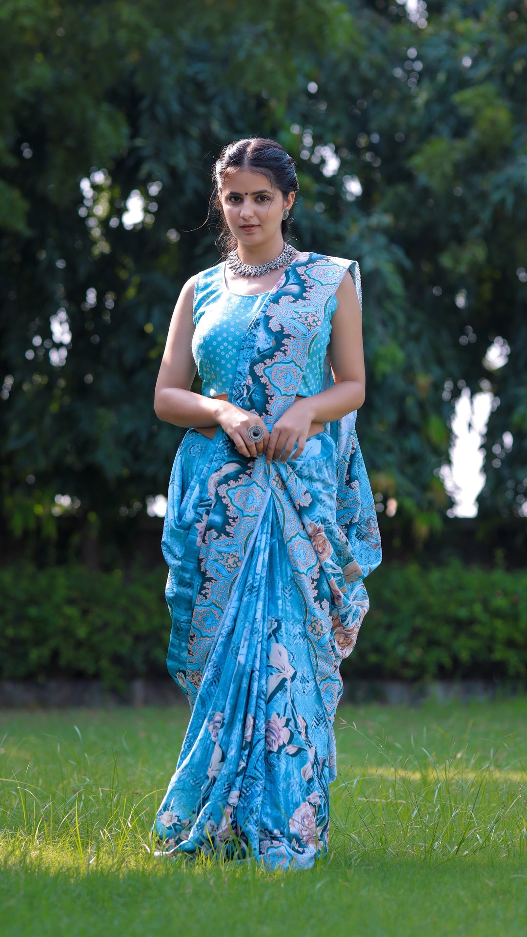 Elegant Floral Print Saree in Aqua Blue - Pativrata