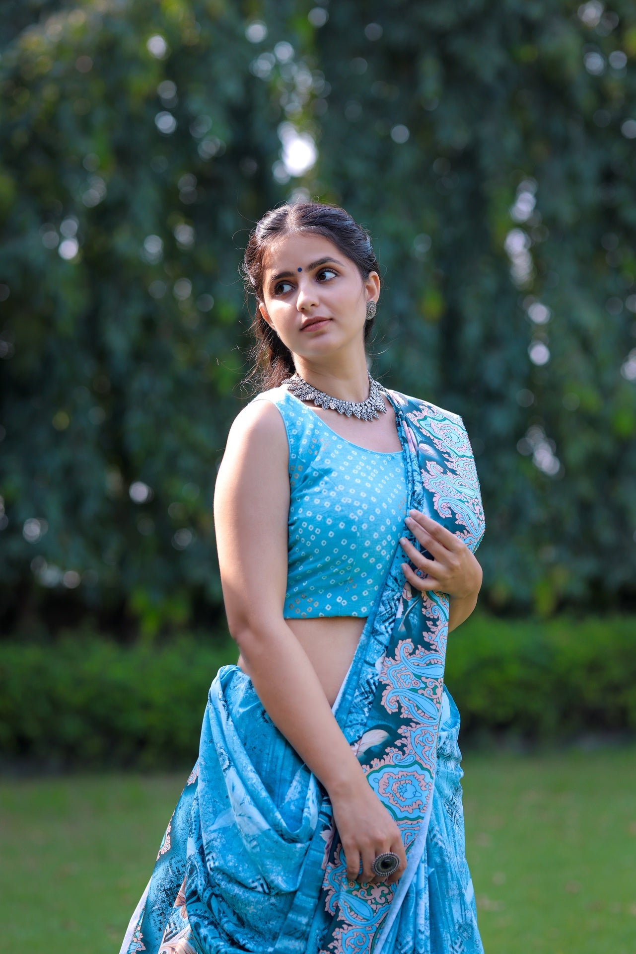 Elegant Floral Print Saree in Aqua Blue - Pativrata