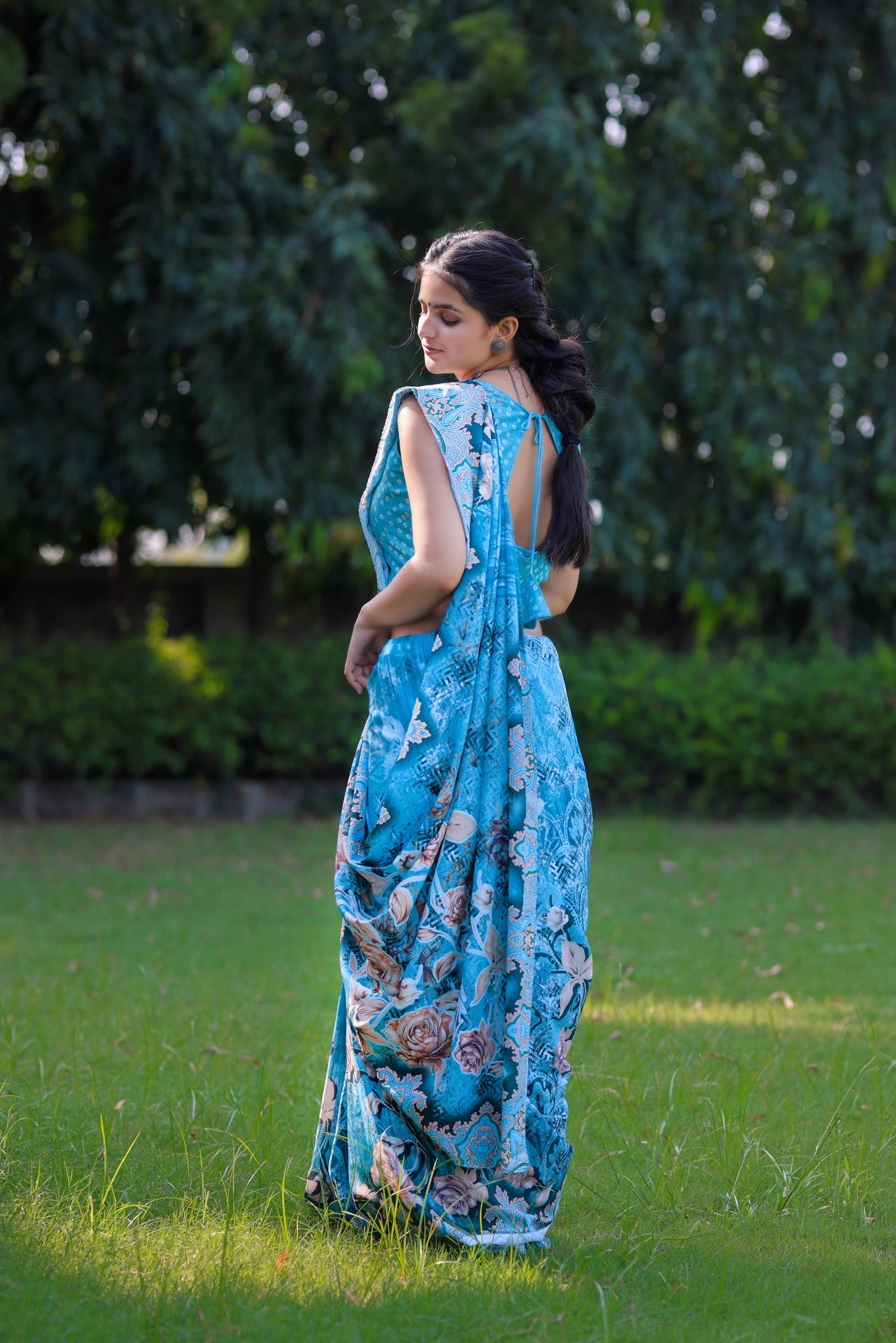 Elegant Floral Print Saree in Aqua Blue - Pativrata