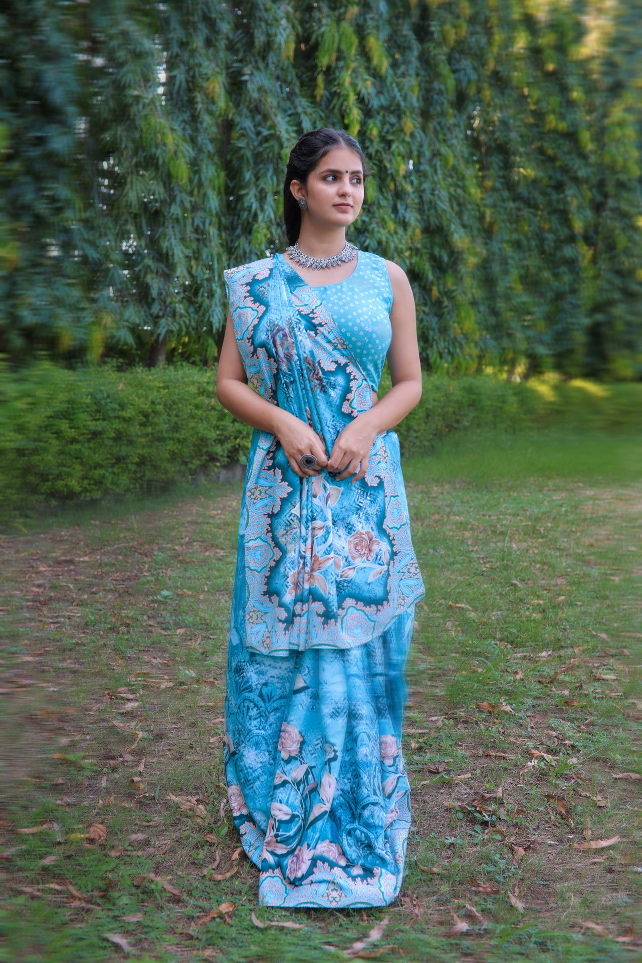 Elegant Floral Print Saree in Aqua Blue - Pativrata