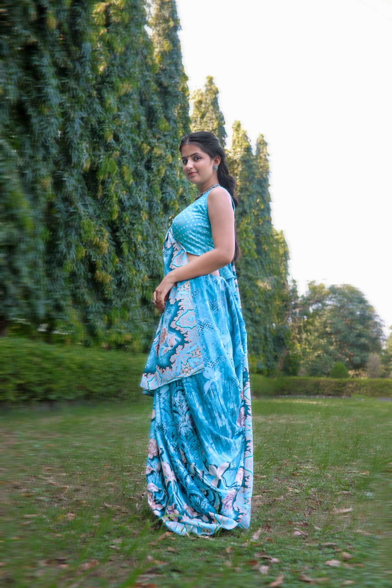 Elegant Floral Print Saree in Aqua Blue - Pativrata