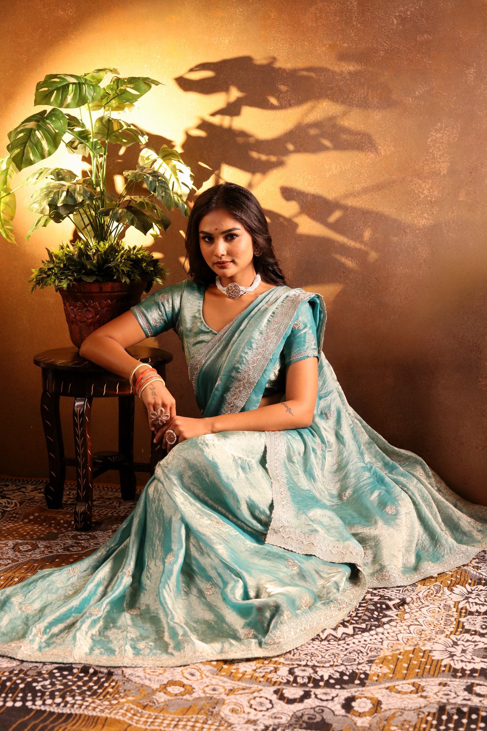Jalika — Glossy Aqua Frendy Satin Embroidered Saree