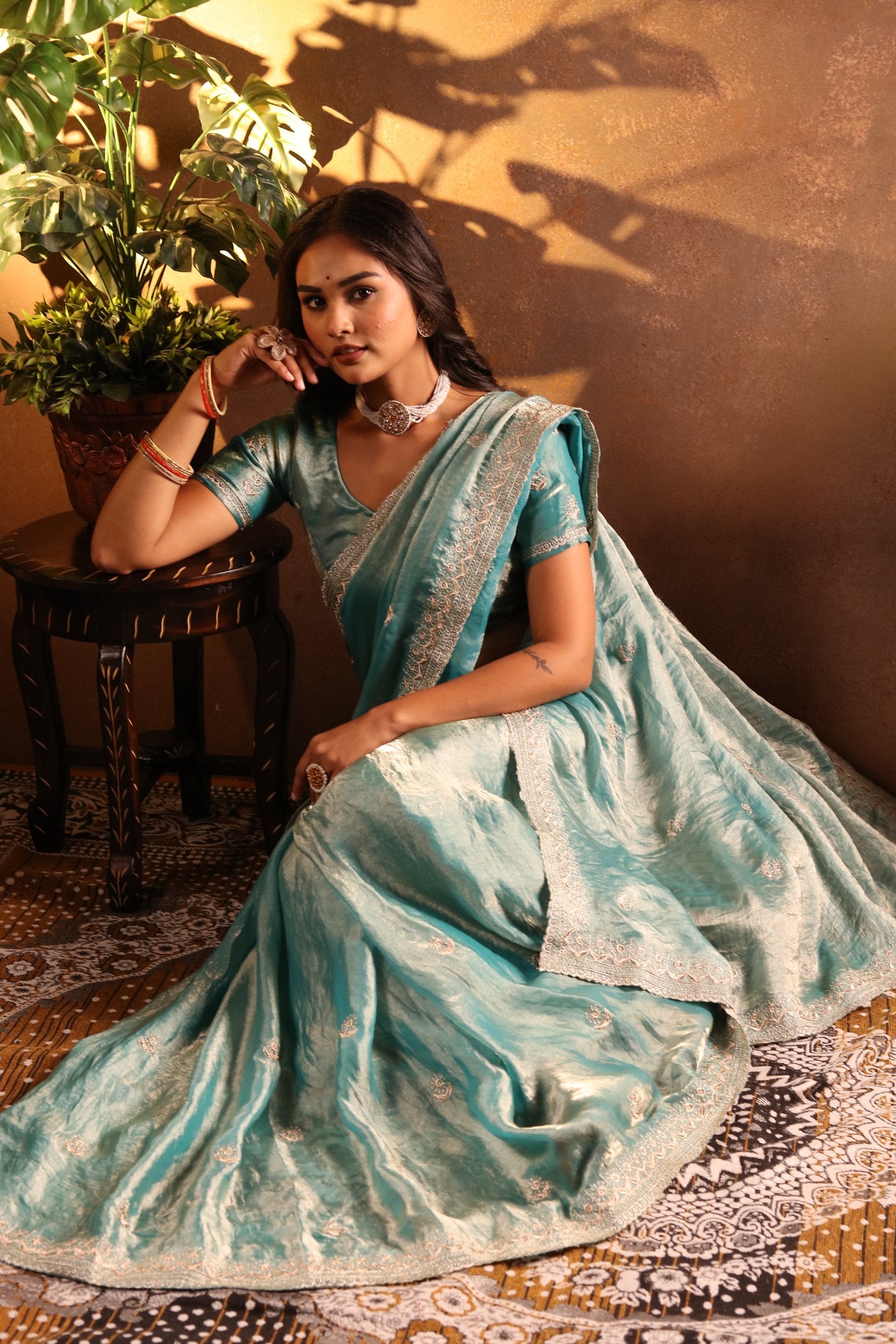 Jalika — Glossy Aqua Frendy Satin Embroidered Saree