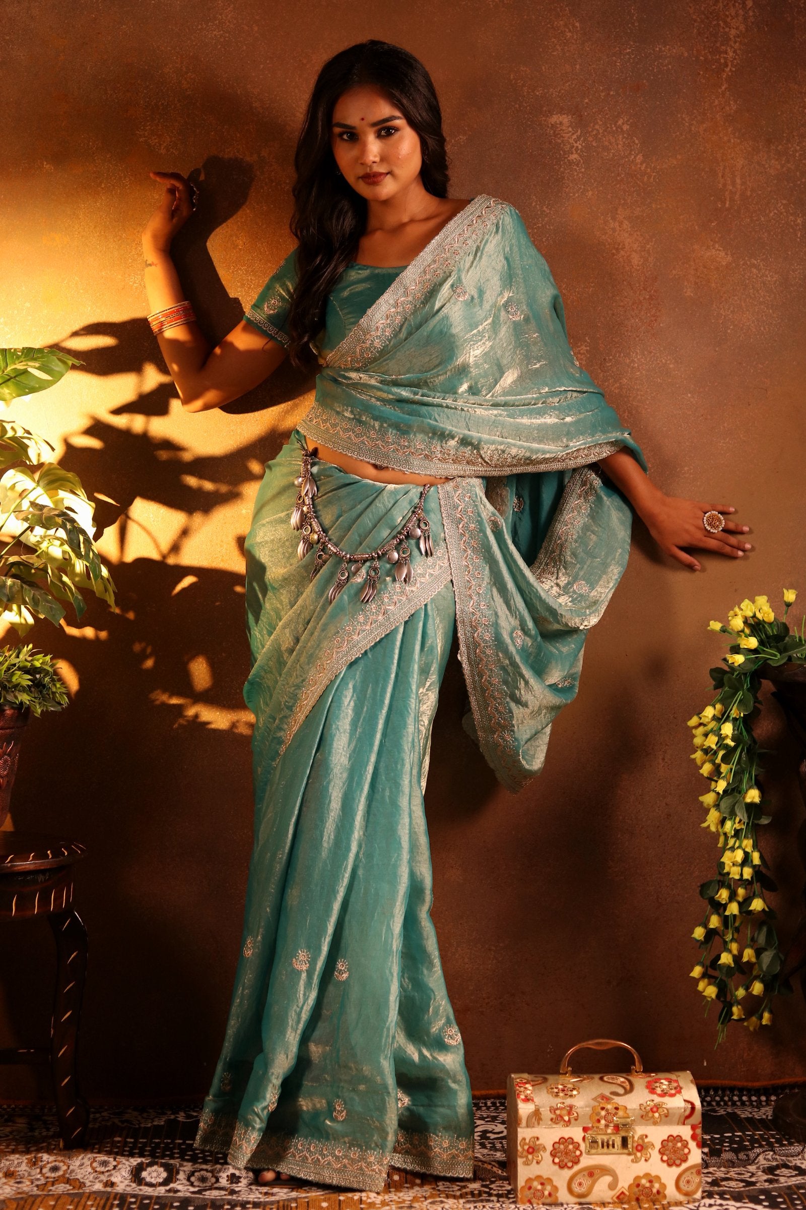 Jalika — Glossy Aqua Frendy Satin Embroidered Saree