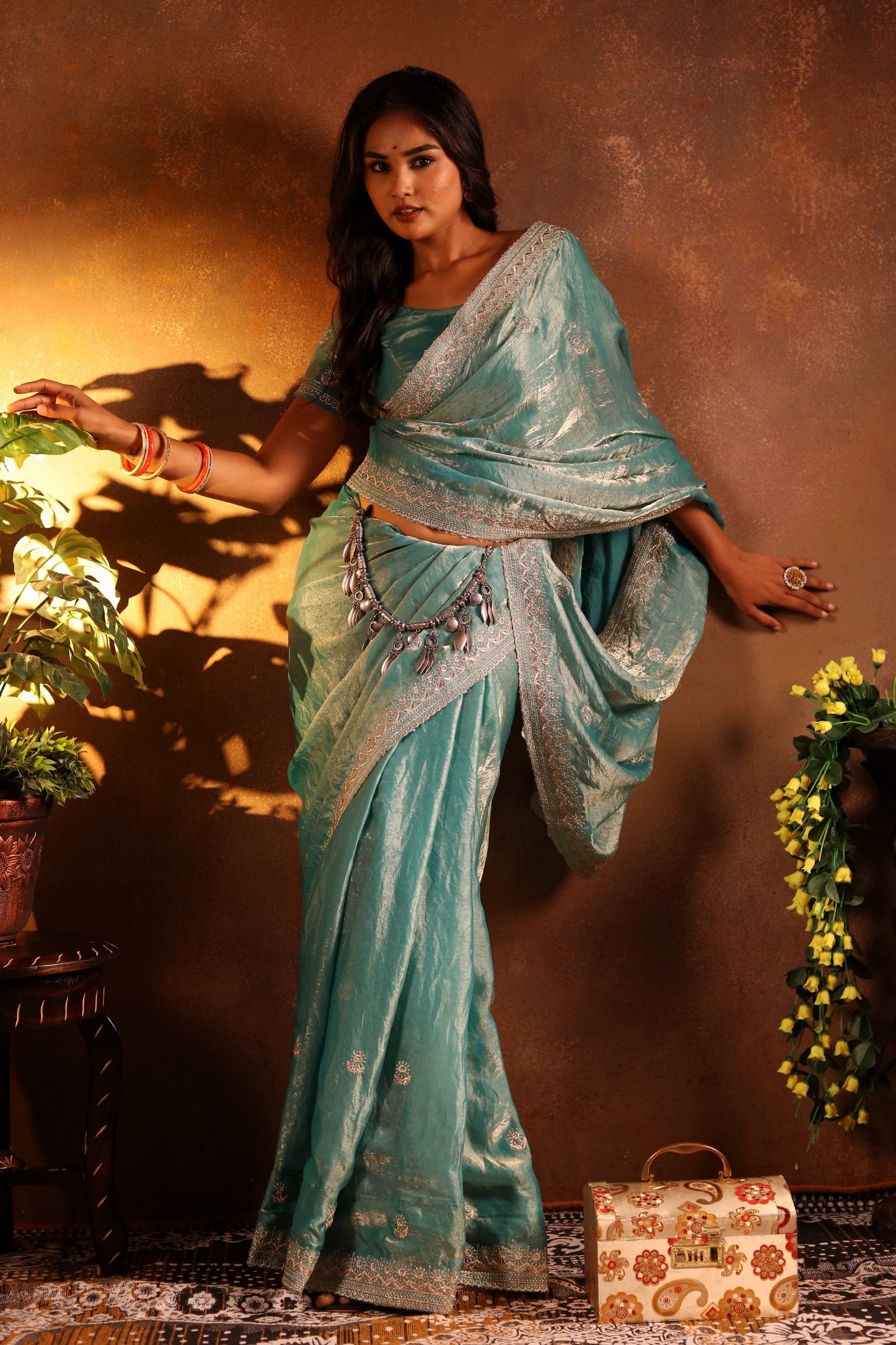 Jalika — Glossy Aqua Frendy Satin Embroidered Saree
