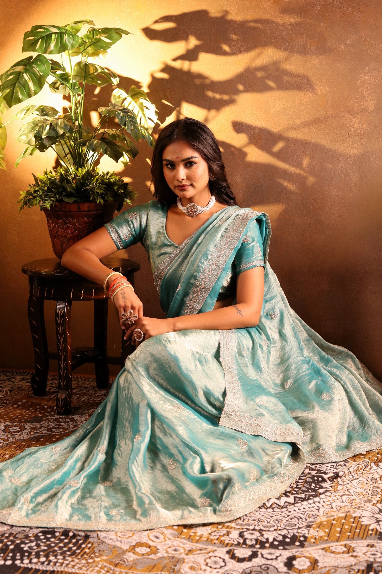 Jalika — Glossy Aqua Frendy Satin Embroidered Saree