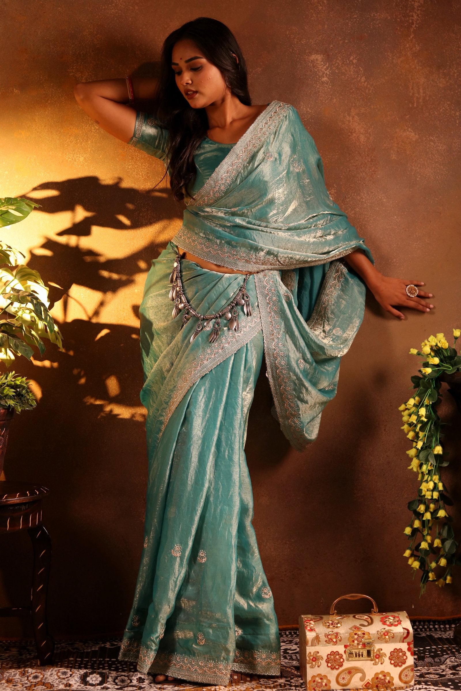 Jalika — Glossy Aqua Frendy Satin Embroidered Saree