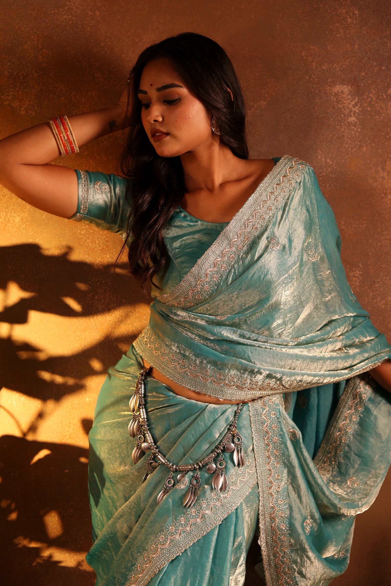 Jalika — Glossy Aqua Frendy Satin Embroidered Saree
