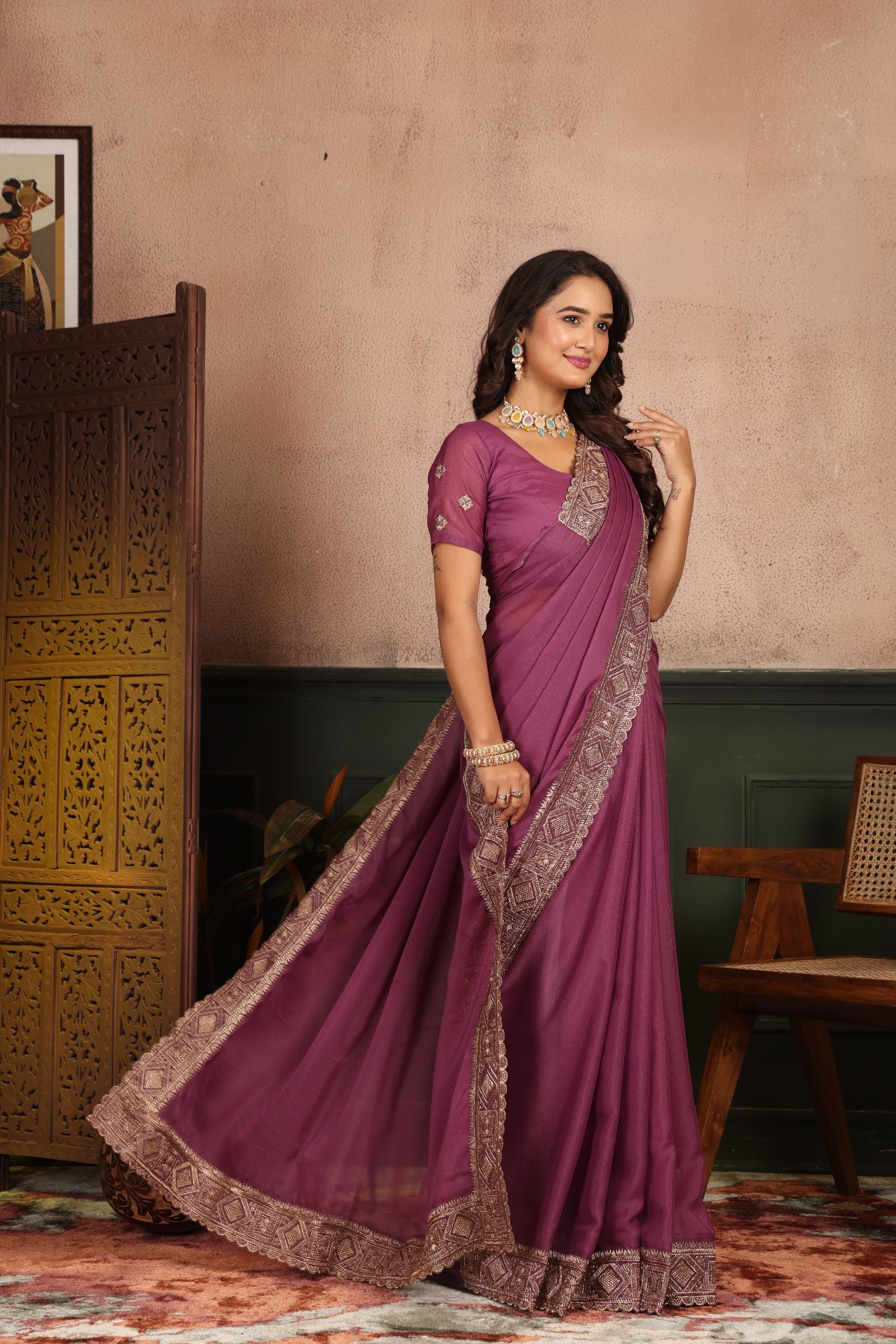Kalyani — Royal Plain Star Georgette Embroidered Saree