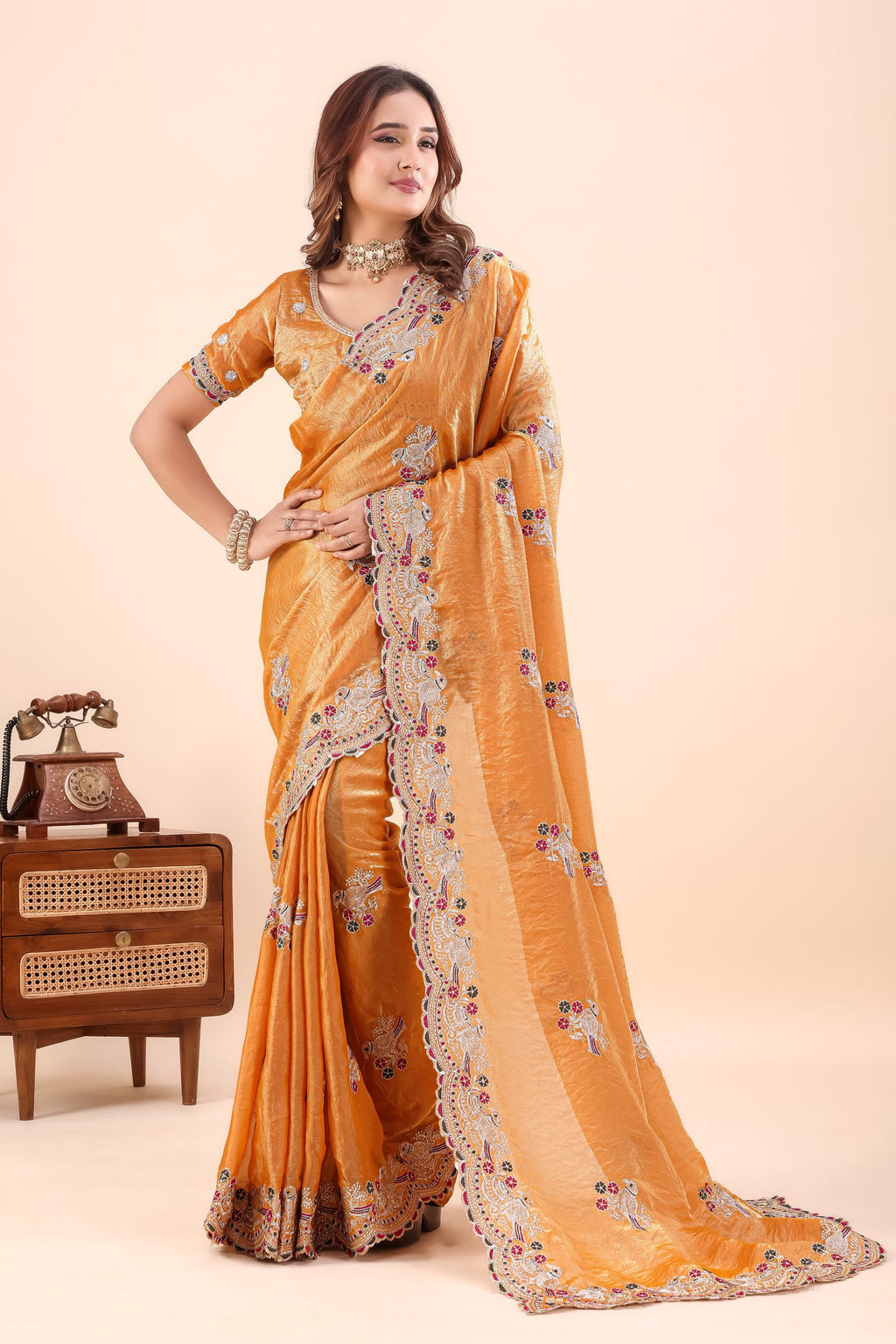Kanakpriya — Golden Frendy Satin Silk Bird Paisley Embroidered Saree