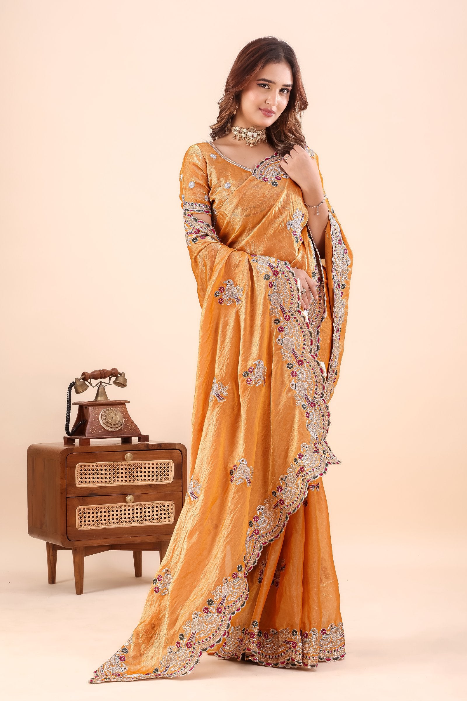 Kanakpriya — Golden Frendy Satin Silk Bird Paisley Embroidered Saree