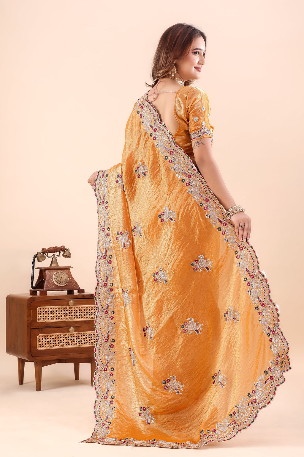 Kanakpriya — Golden Frendy Satin Silk Bird Paisley Embroidered Saree