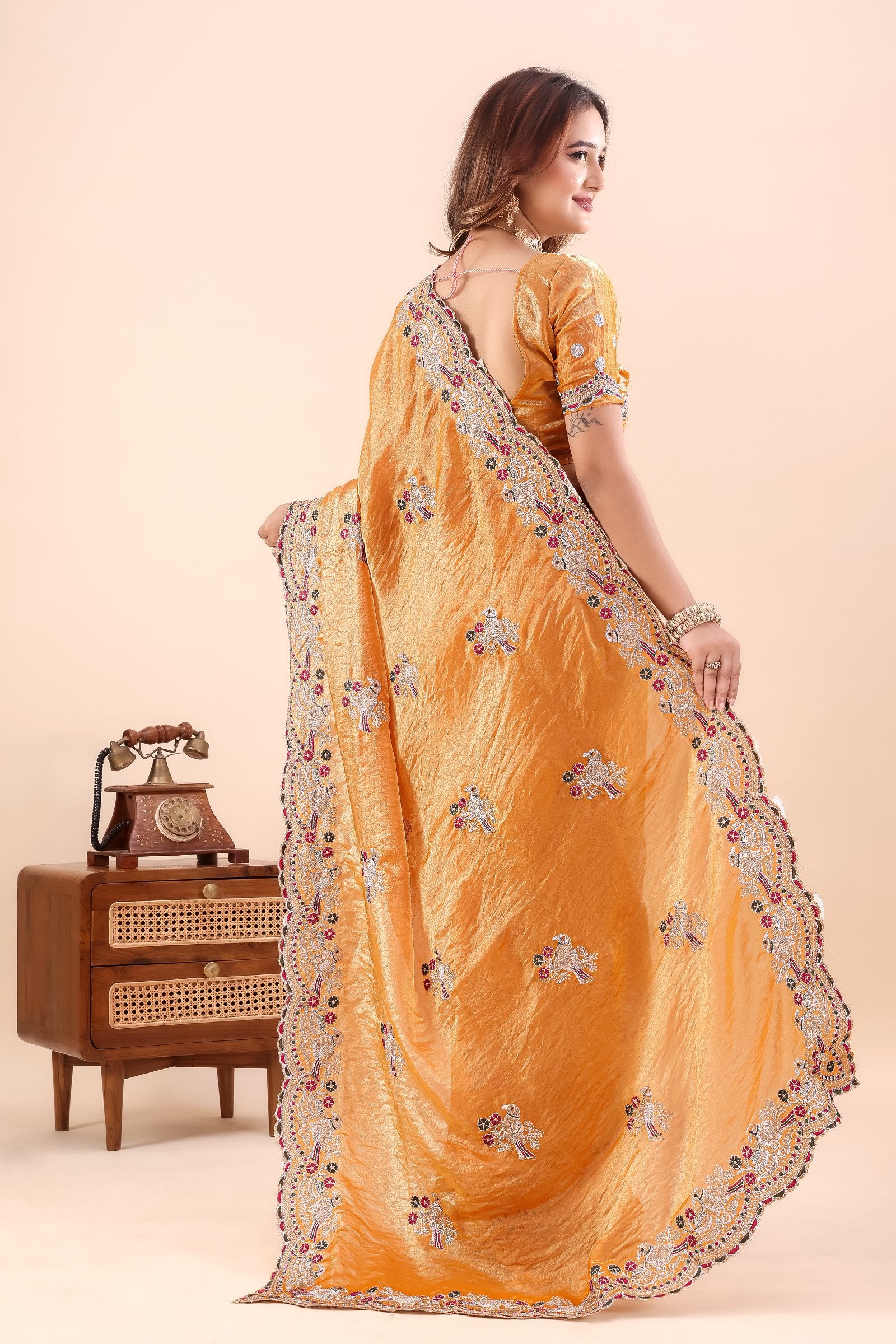 Kanakpriya — Golden Frendy Satin Silk Bird Paisley Embroidered Saree