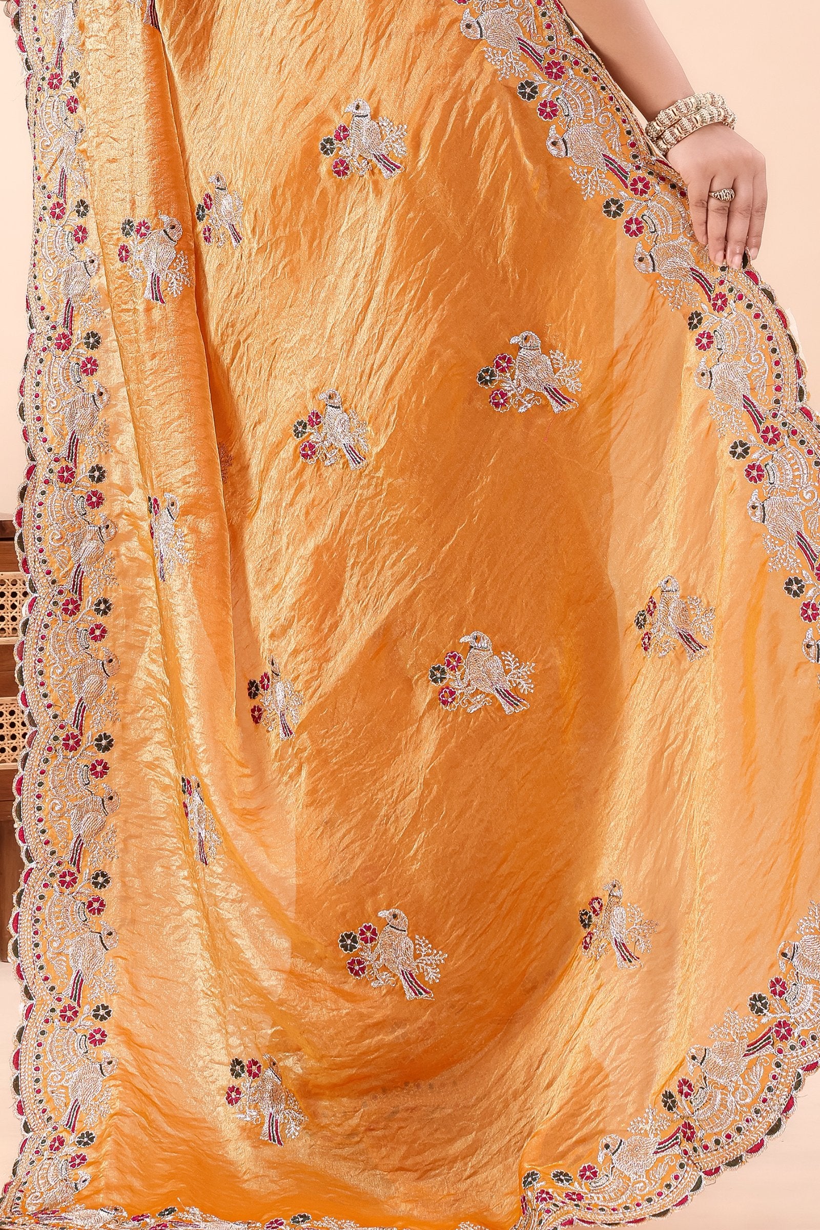 Kanakpriya — Golden Frendy Satin Silk Bird Paisley Embroidered Saree