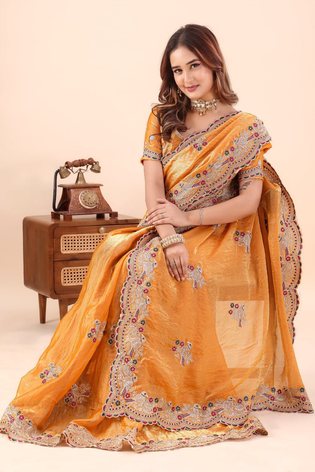 Kanakpriya — Golden Frendy Satin Silk Bird Paisley Embroidered Saree