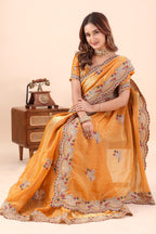 Kanakpriya — Golden Frendy Satin Silk Bird Paisley Embroidered Saree