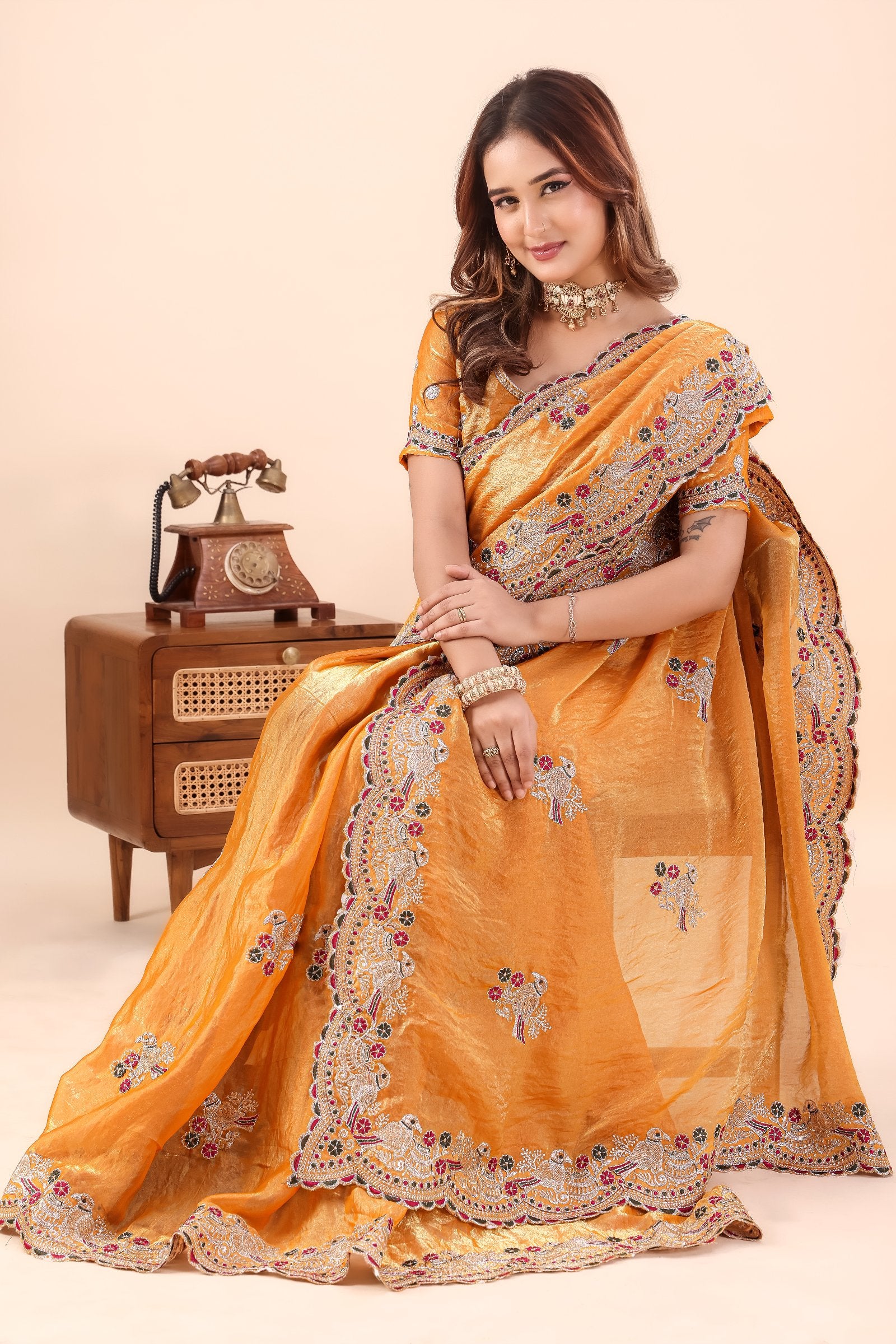 Kanakpriya — Golden Frendy Satin Silk Bird Paisley Embroidered Saree