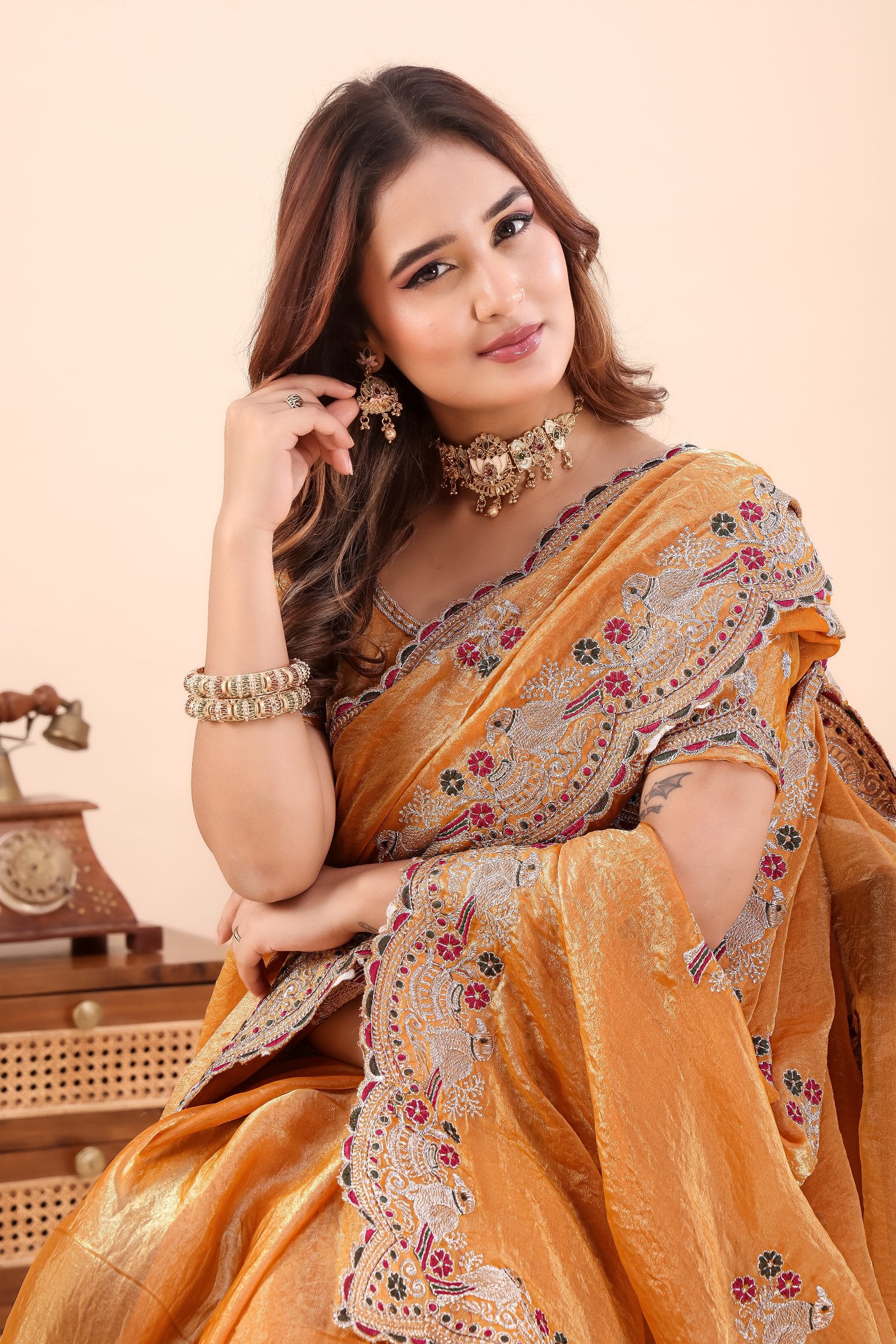 Kanakpriya — Golden Frendy Satin Silk Bird Paisley Embroidered Saree