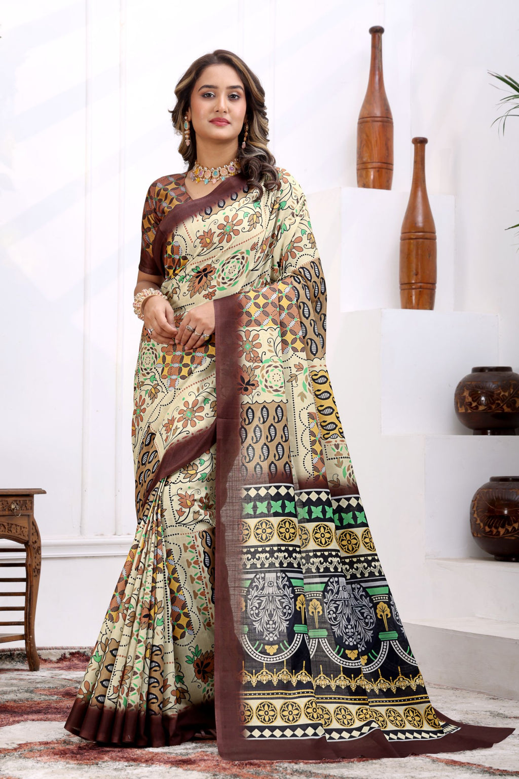 Kapila — Boho Style Cream and Brown Cotton Linen Saree
