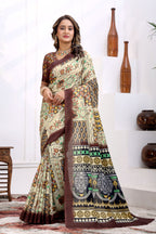 Kapila — Boho Style Cream and Brown Cotton Linen Saree